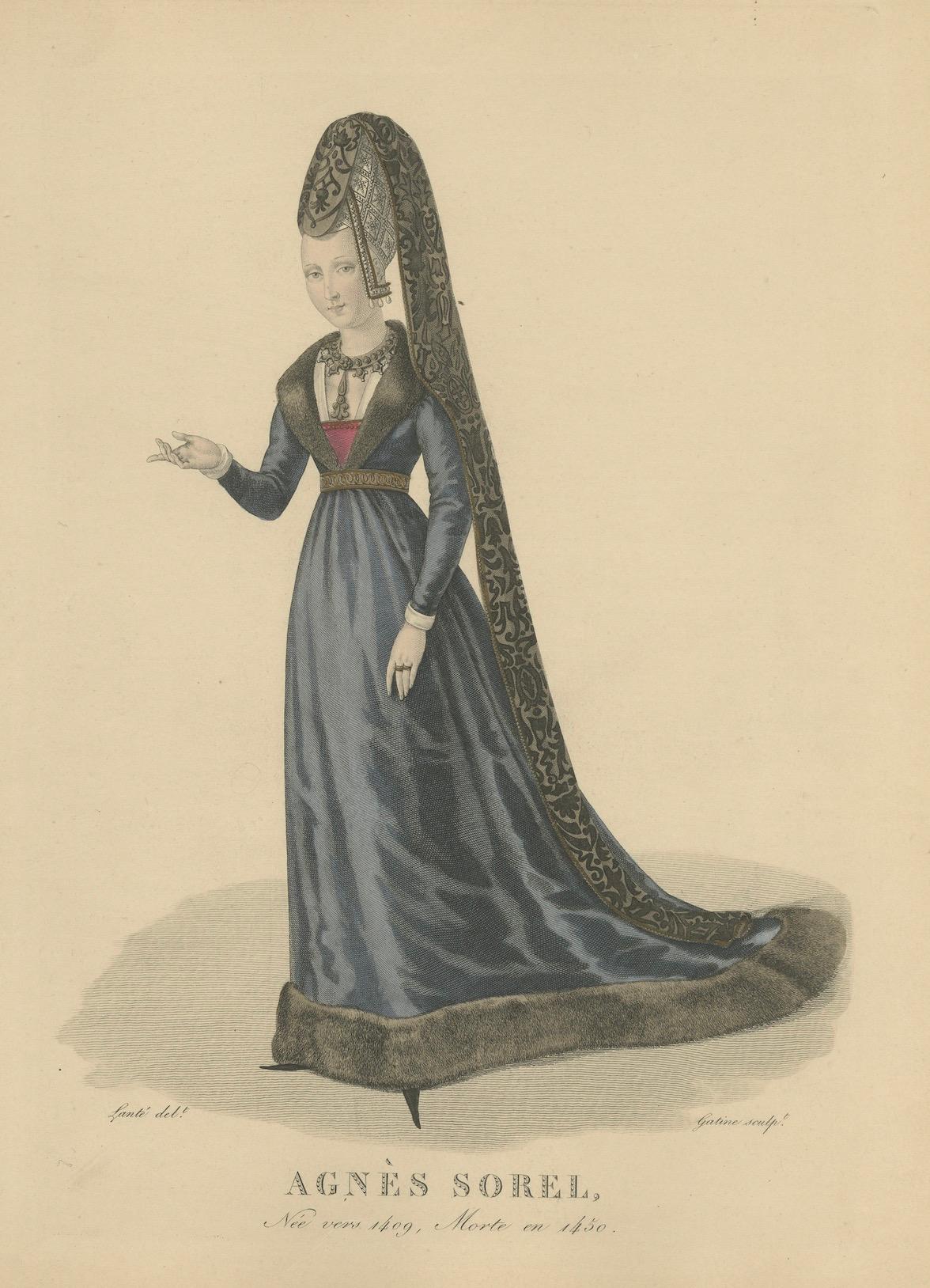 Handkolorierter Kupferstich von Agnès Sorel, Mätresse von Karl VII, um 1900 (20. Jahrhundert) im Angebot