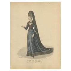 Gravure coloriée à la main d'Agnès Hisl, maîtresse de Charles VII, édition d'environ 1900