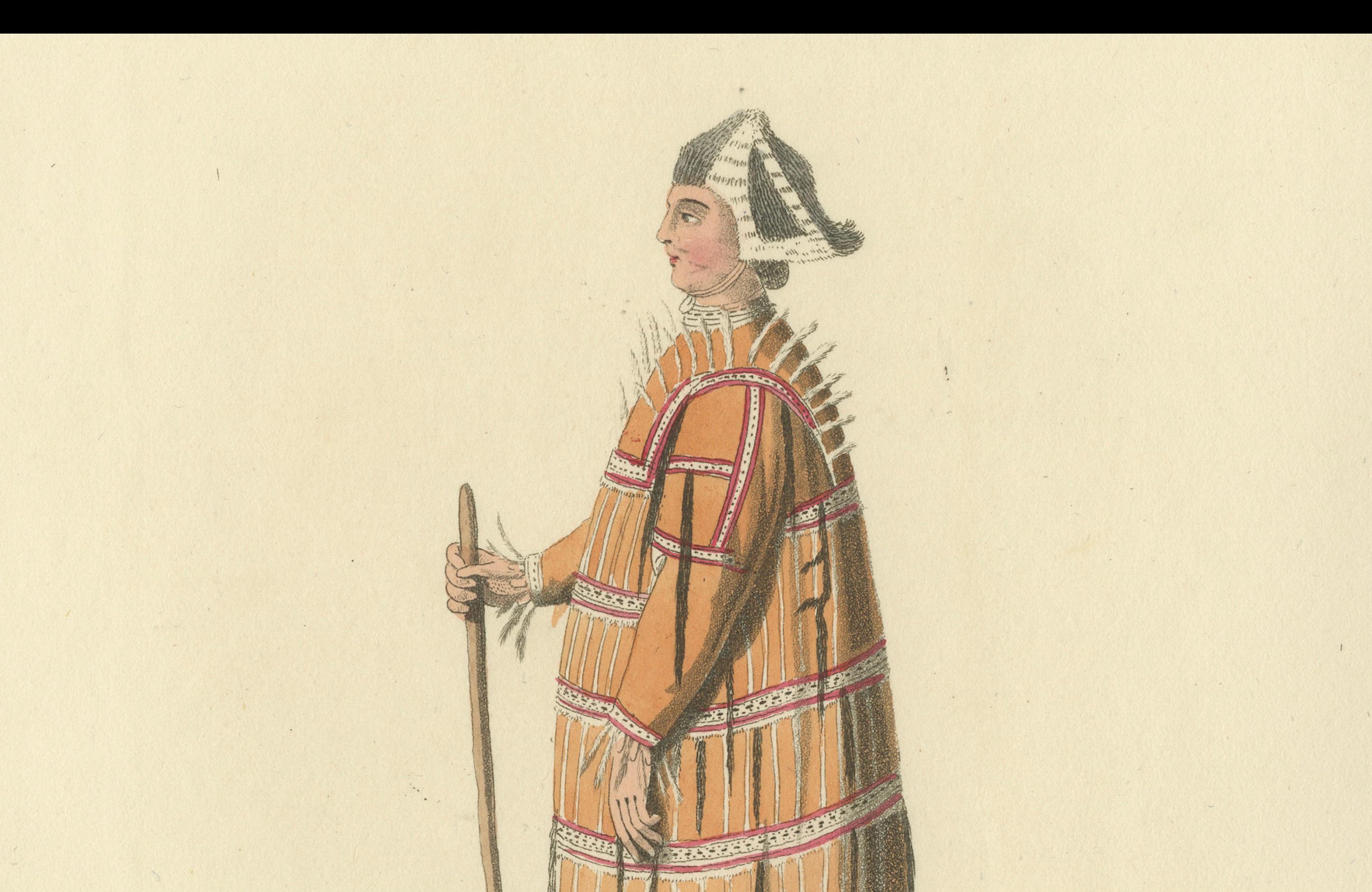 Gravure colorée à la main d'une tenue traditionnelle aleutienne et Kurilienne, 1814 Bon état - En vente à Langweer, NL