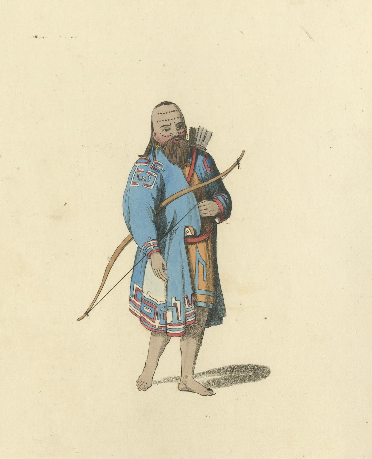Paper Hand-Colored Engraving of Aleutian and Kurilian Traditional Attire, 1814 For Sale