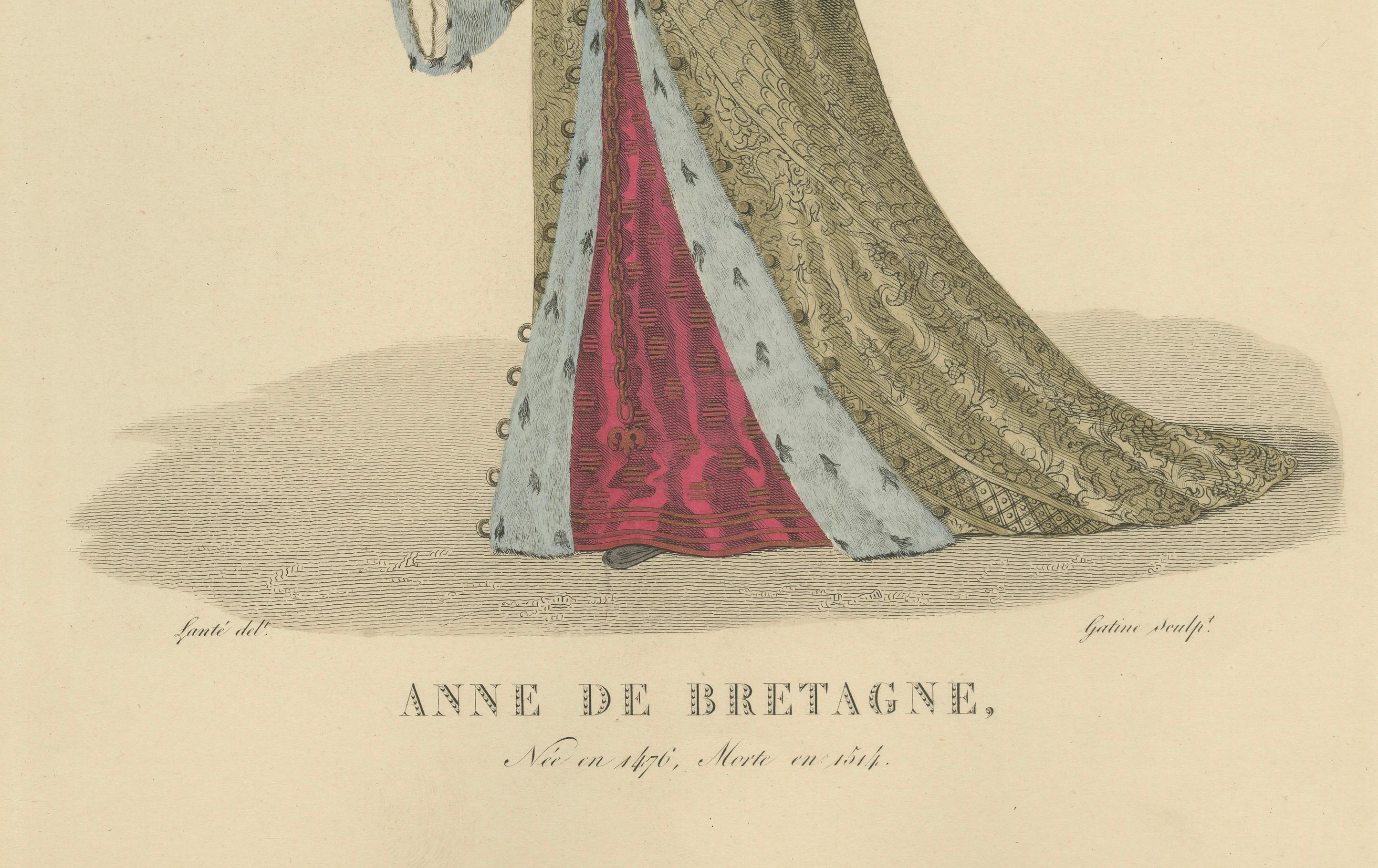 Handkolorierter Kupferstich von Anne de Bretagne, Königin von Frankreich, Ausgabe von ca. 1900

Dieser fein handkolorierte Stich porträtiert Anne de Bretagne (1477-1514), eine der wichtigsten Frauengestalten der französischen Geschichte des