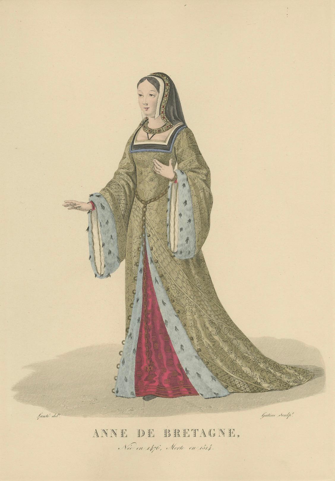Handkolorierter Kupferstich von Anne de Bretagne, Königin von Frankreich, Ausgabe von ca. 1900 im Zustand „Gut“ im Angebot in Langweer, NL