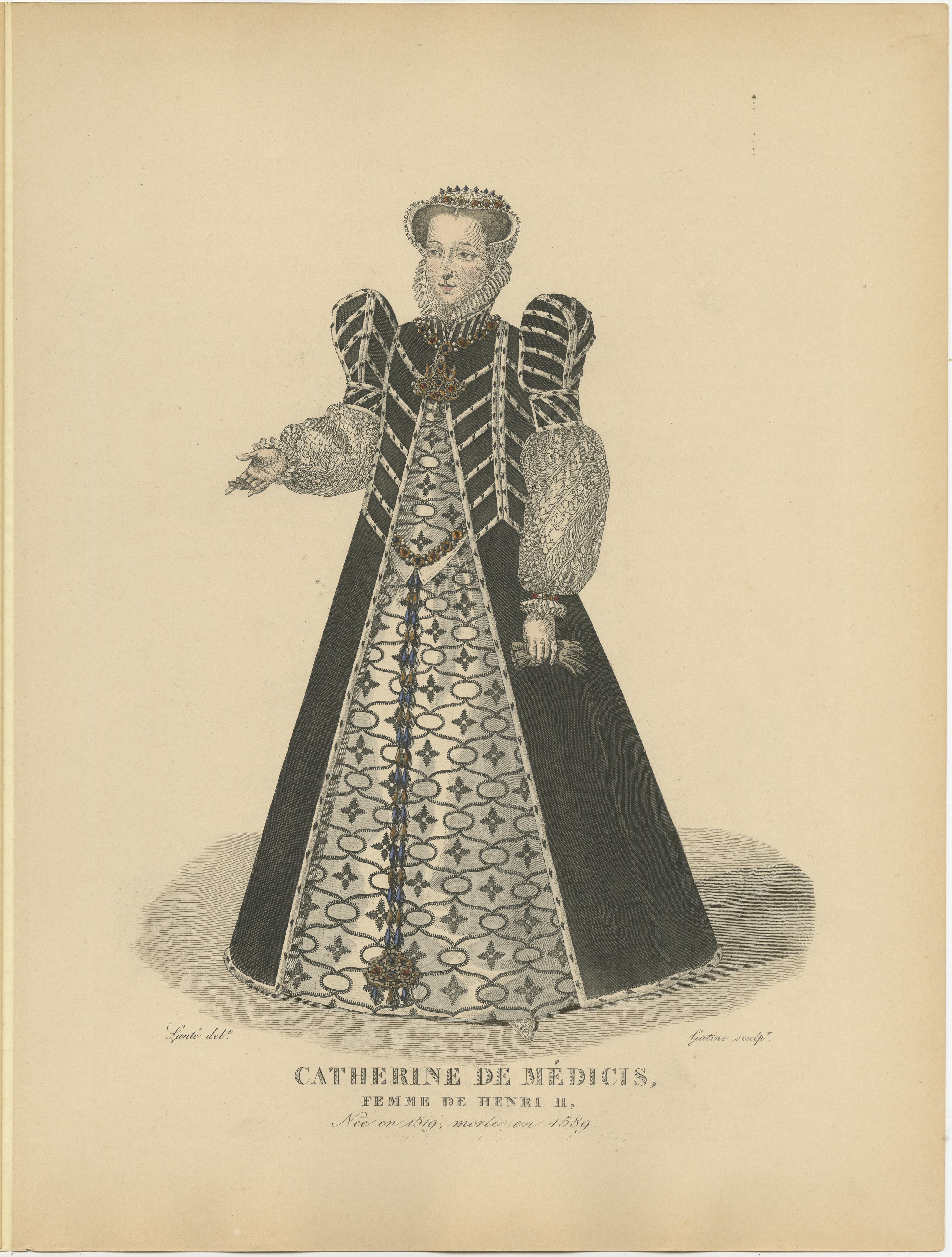 Engraved Hand Colored Engraving of Catherine De' Medici, an Italian Noblewoman, 1900