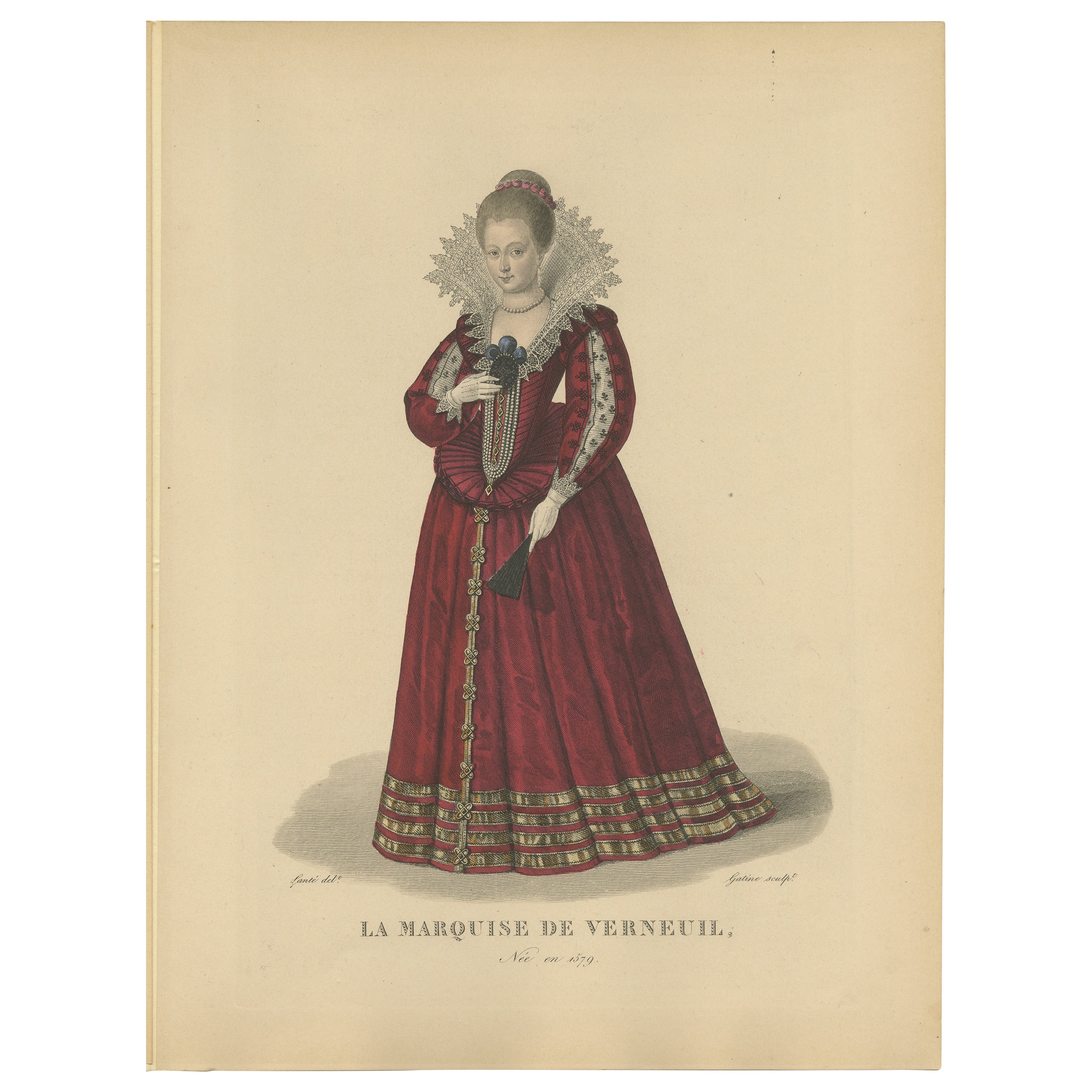 Hand Colored Engraving of Catherine Henriette De Balzac D'entragues, 1900 For Sale