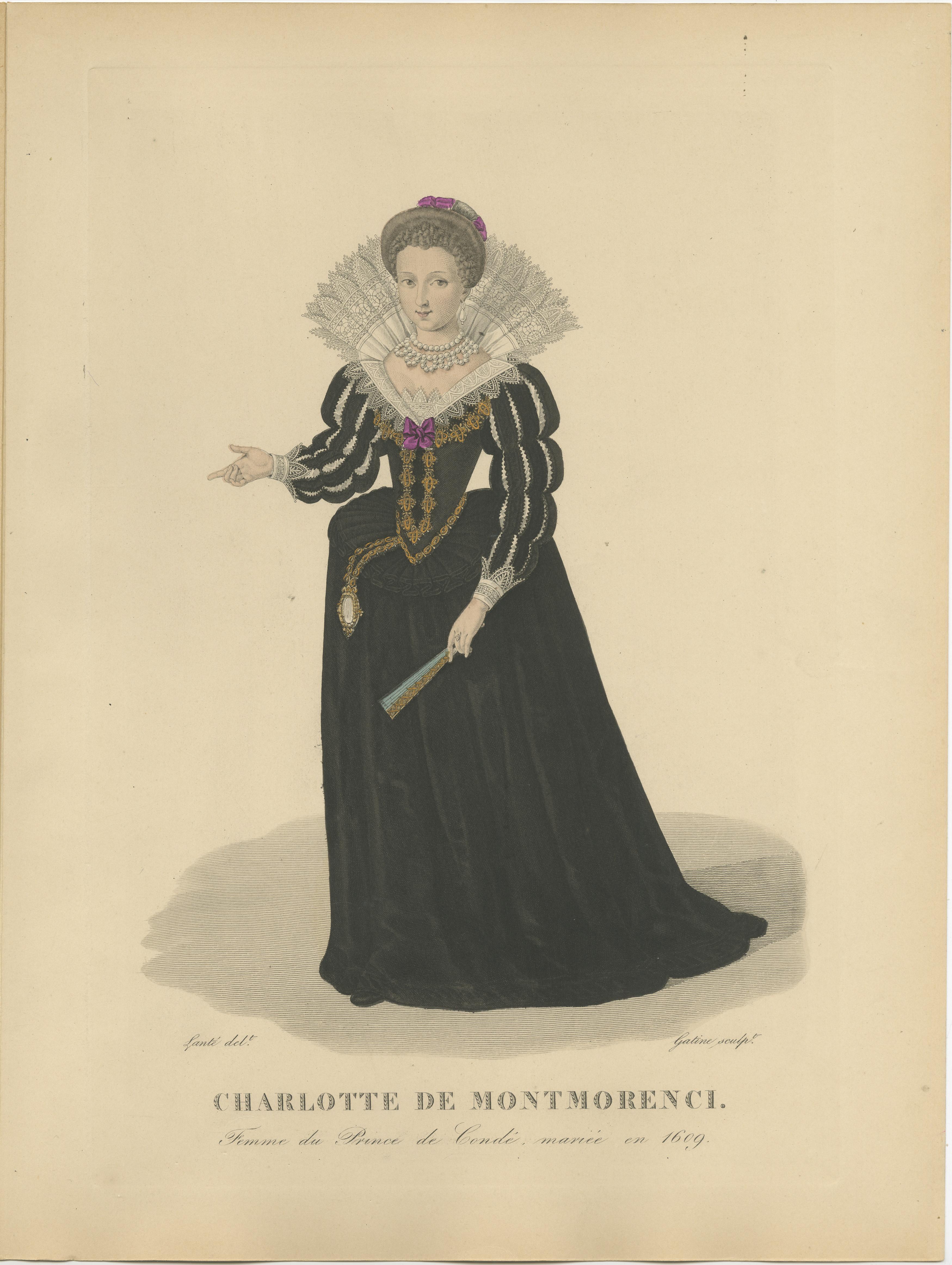 Gravé Gravure colorée à la main de Charlotte Marguerite, princesse de Cond, 1900 en vente
