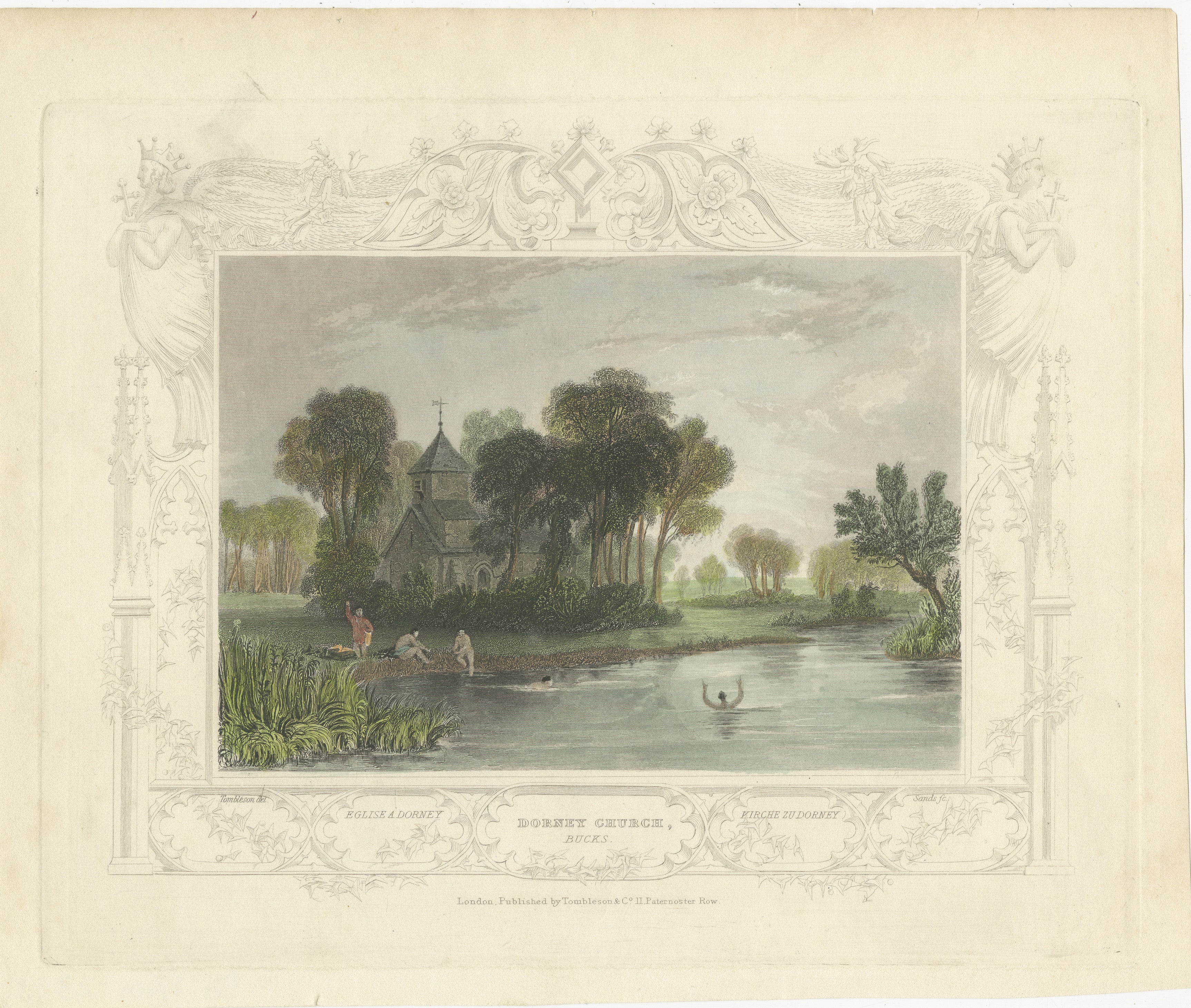 The image is an antique hand-colored steel plate engraving of Dorney Church in Buckinghamshire, England. 

It's by Tombleson & Co, a firm known for producing prints in London during the 1830s. This original artwork features a charming country scene
