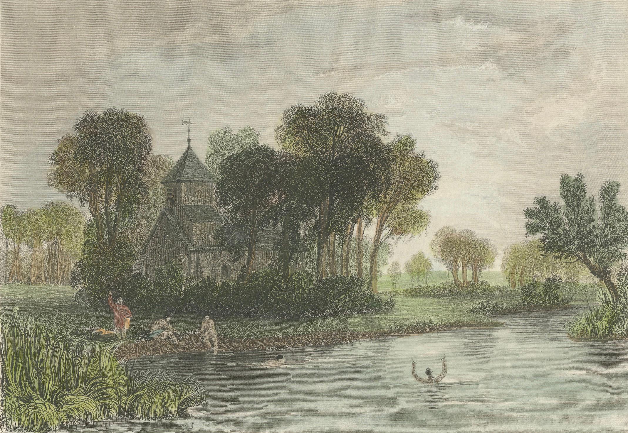 Mid-19th Century Hand-colored Engraving of Dorney Church in Buckinghamshire, England, 1835 For Sale