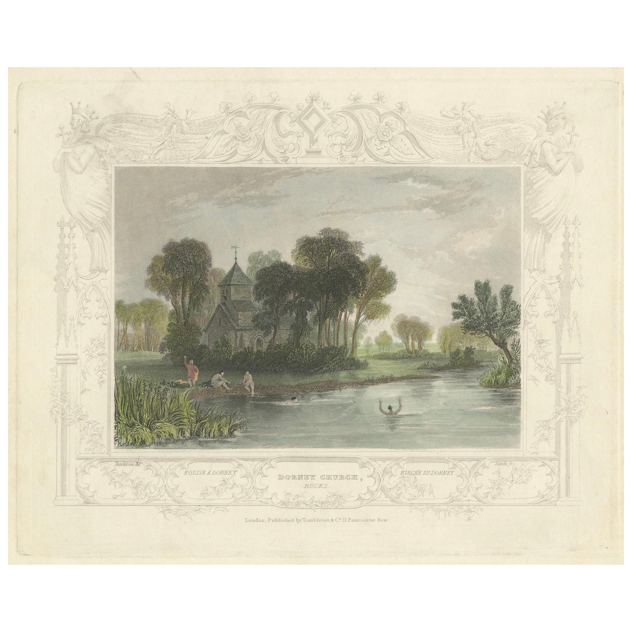 Handkolorierte Gravur der Dorney Church in Buckinghamshire, England, 1835