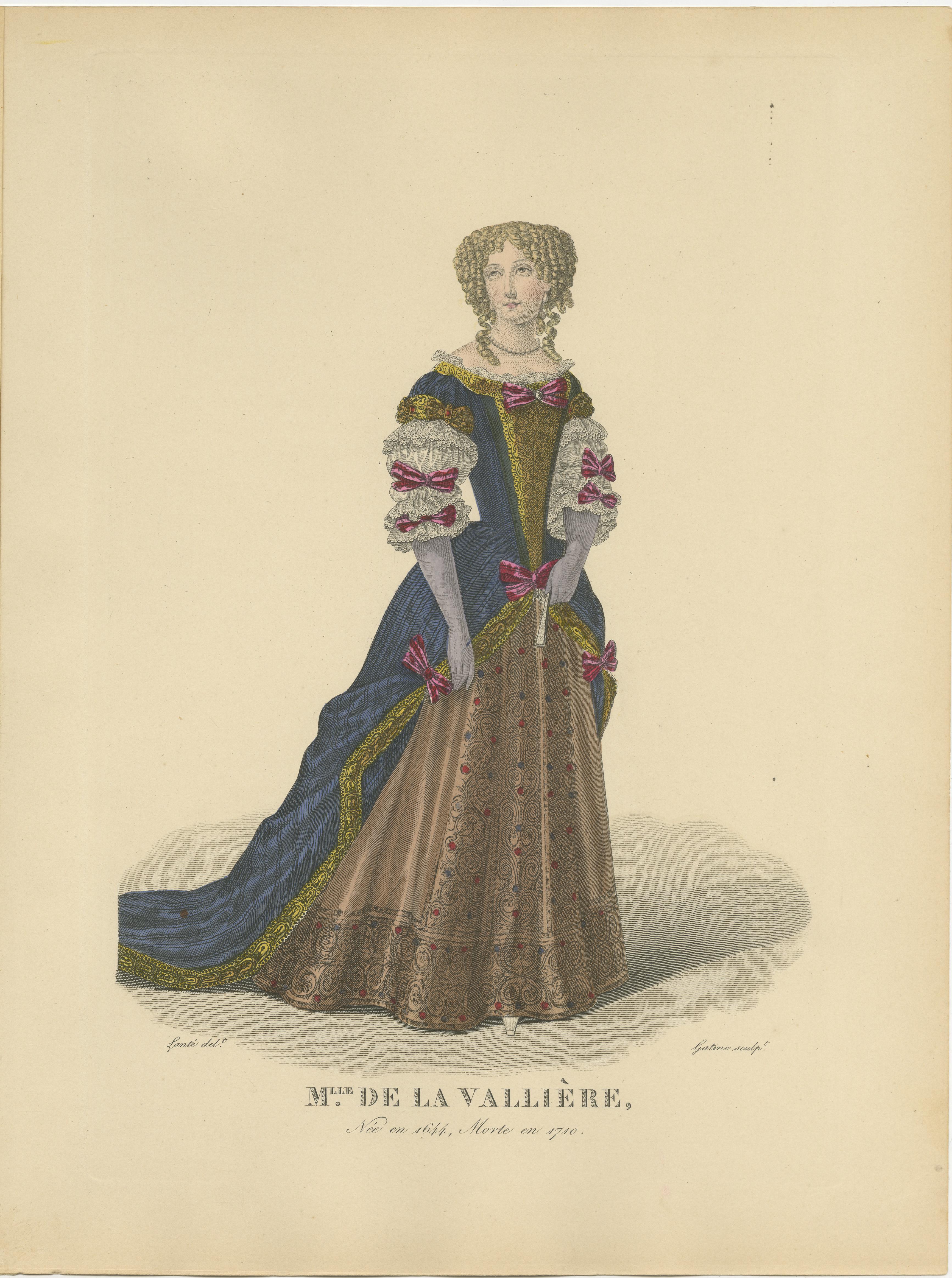 Engraved Hand Colored Engraving of Françoise Louise de La Baume, Duchess of La Vallière For Sale
