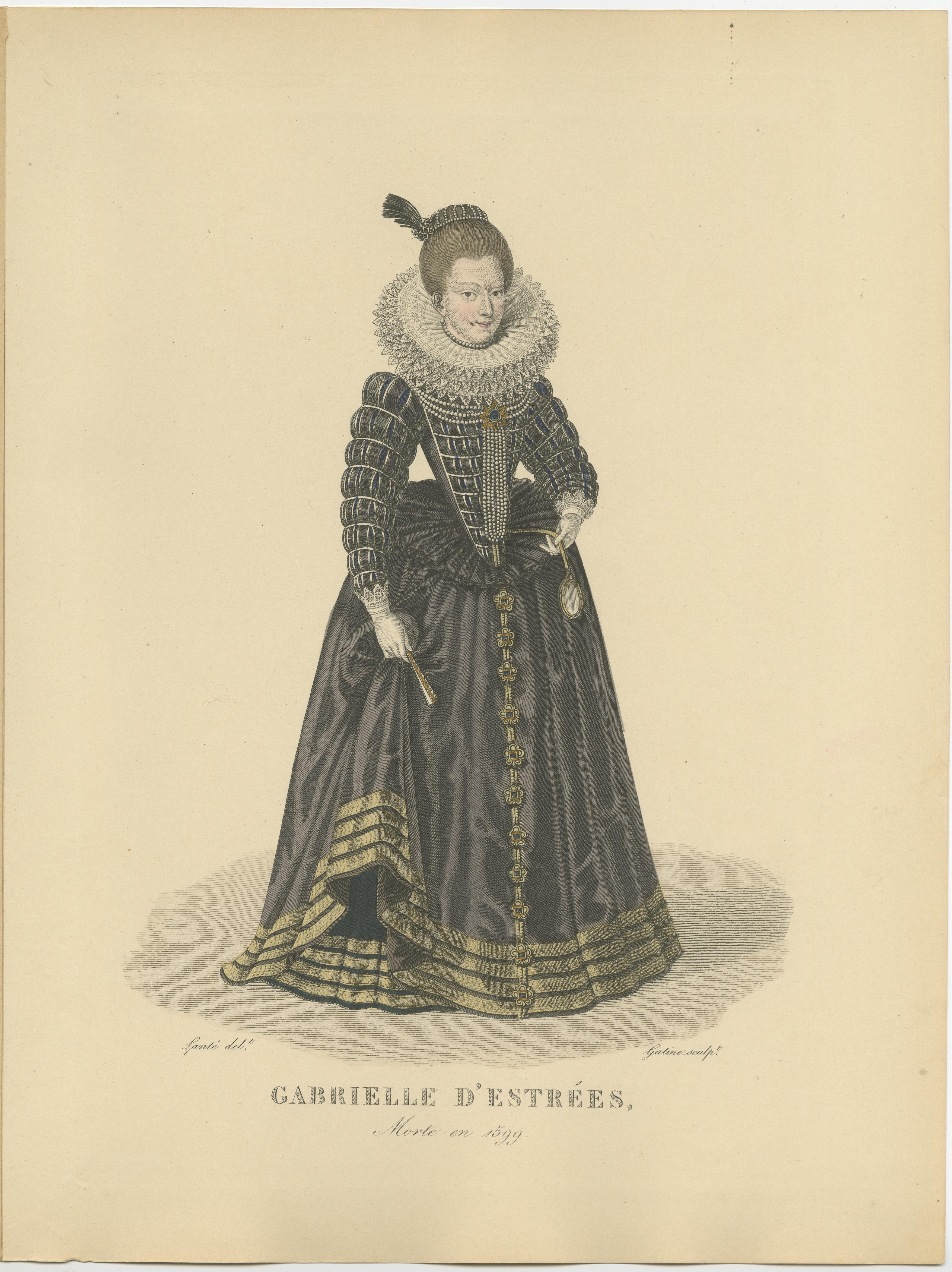 Antiker Druck mit dem Titel 'GABRIELLE D' ESTREES' Originaler antiker Druck von Gabrielle d'Estrées, Herzogin von Beaufort.

Gabrielle d'Estrées, Herzogin von Beaufort und Verneuil, Marquise von Monceaux, war eine Mätresse, Vertraute und Beraterin