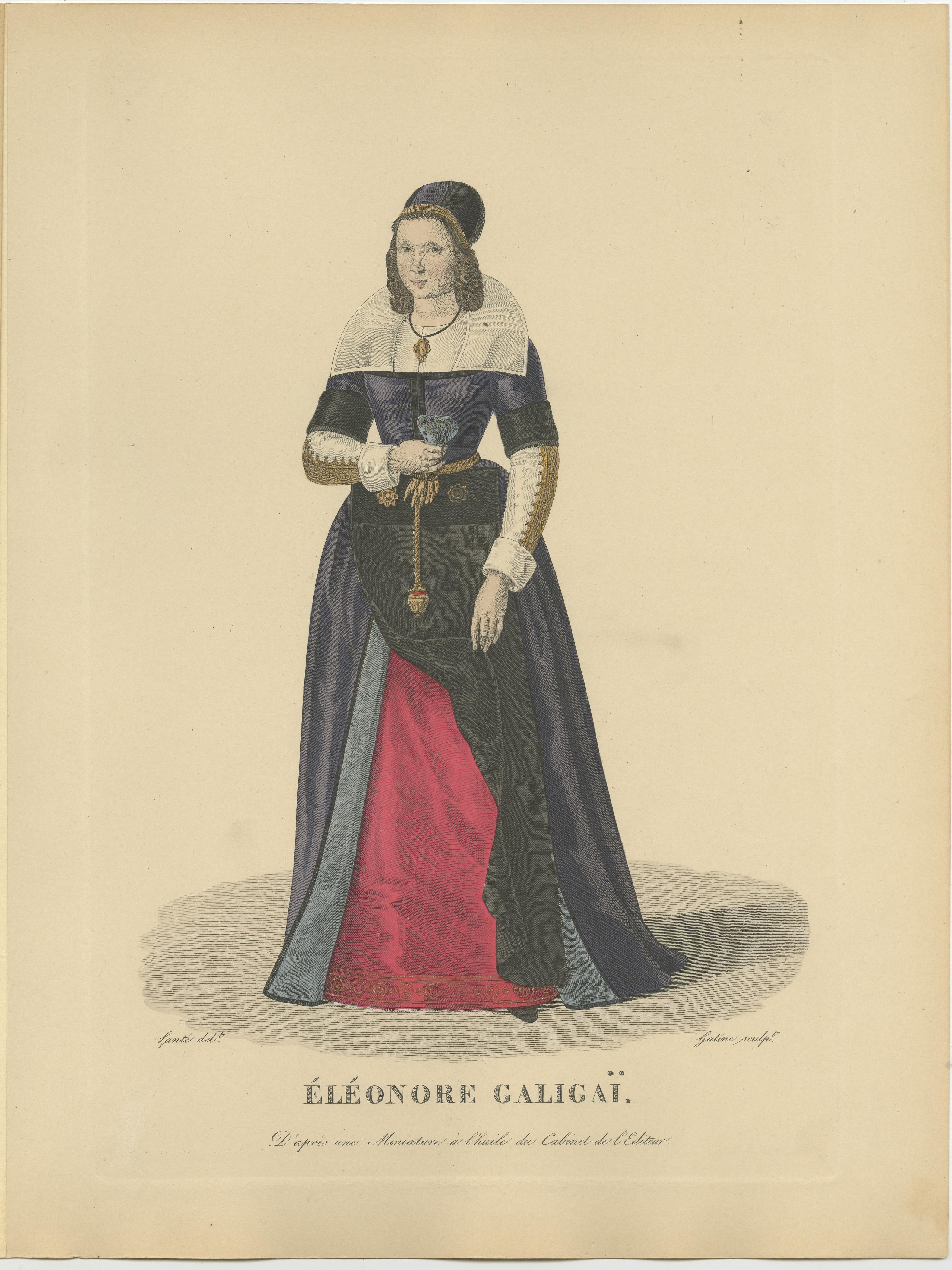 Antique print titled 'ELEONORE GALIGAI' Original antique print of Leonora Dori Galigaï.

Leonora Dori Galigaï (19 May 1568 – 8 July 1617) was a French courtier of Italian origin, an influential favourite of the French regent Marie de' Medici,