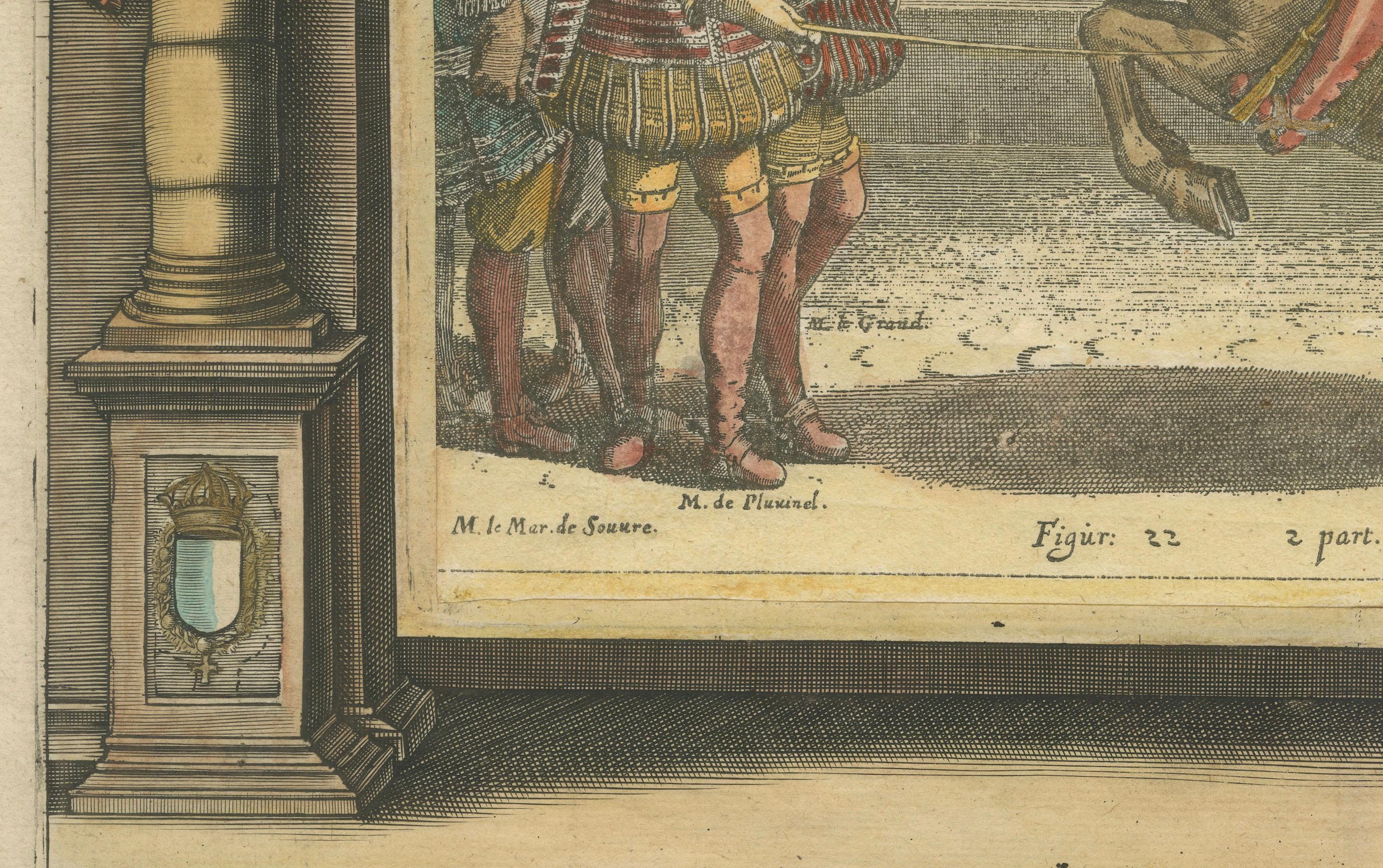 Early 17th Century Hand-Colored Engraving of Louis XIII from Pluvinel's Equestrian Manual, c.1625 For Sale
