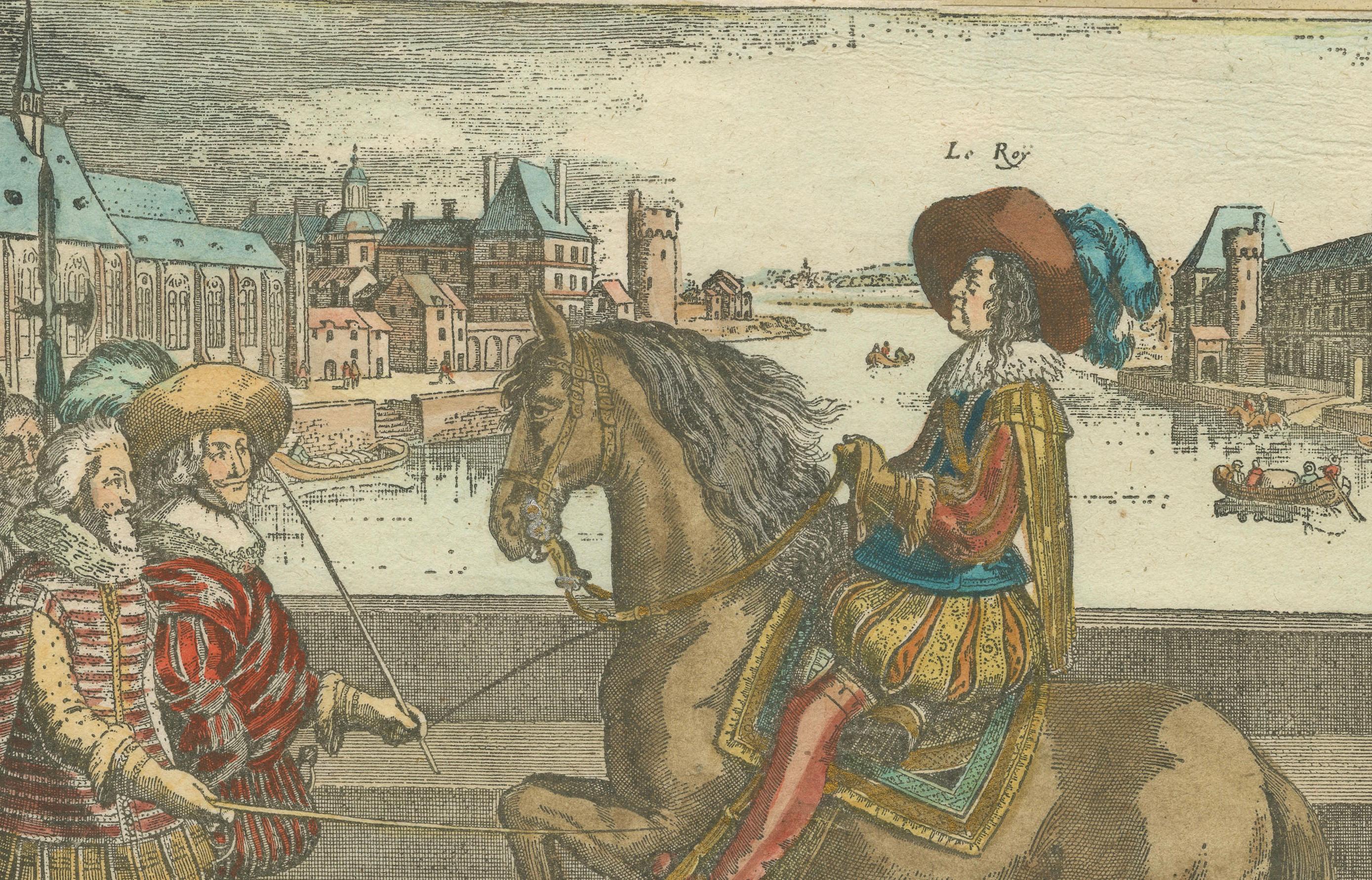 Paper Hand-Colored Engraving of Louis XIII from Pluvinel's Equestrian Manual, c.1625 For Sale