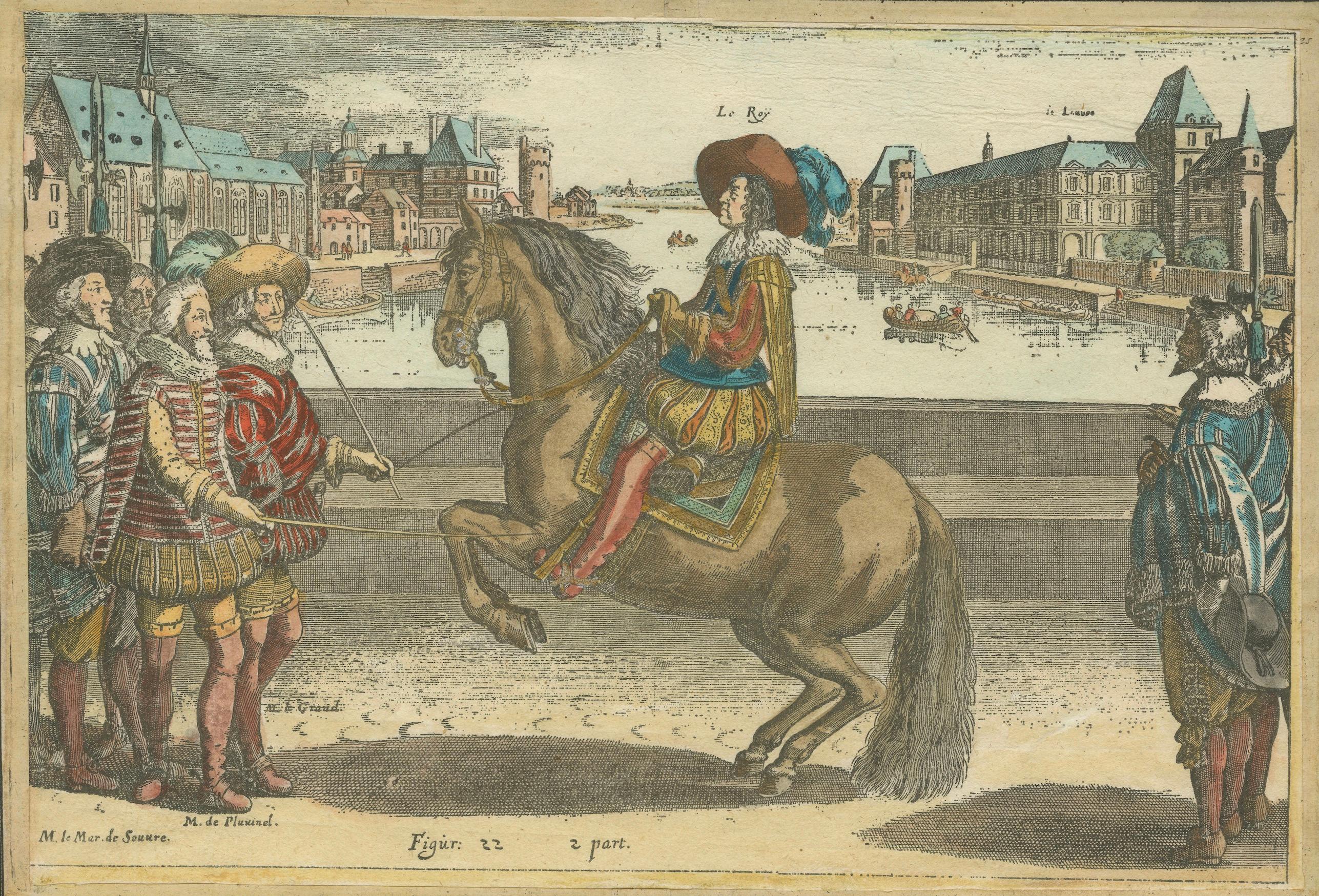 Hand-Colored Engraving of Louis XIII from Pluvinel's Equestrian Manual, c.1625 For Sale 1