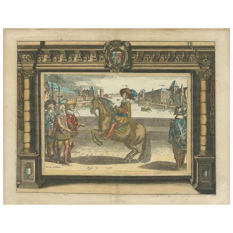 Hand-Colored Engraving of Louis XIII from Pluvinel's Equestrian Manual, c.1625