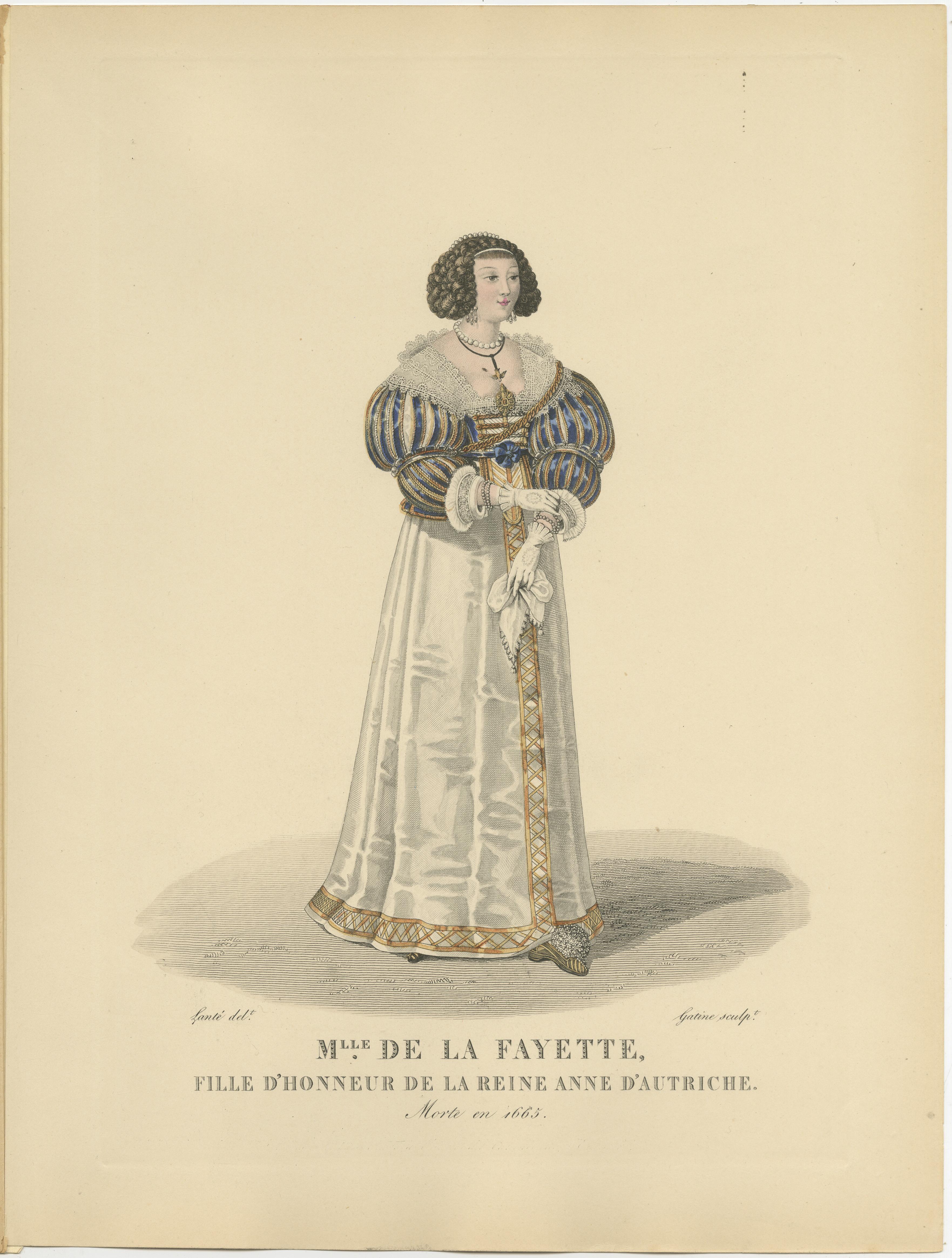 20th Century Hand Colored Engraving of Louise de La Fayette, Madame de La Fayette, 1900 For Sale