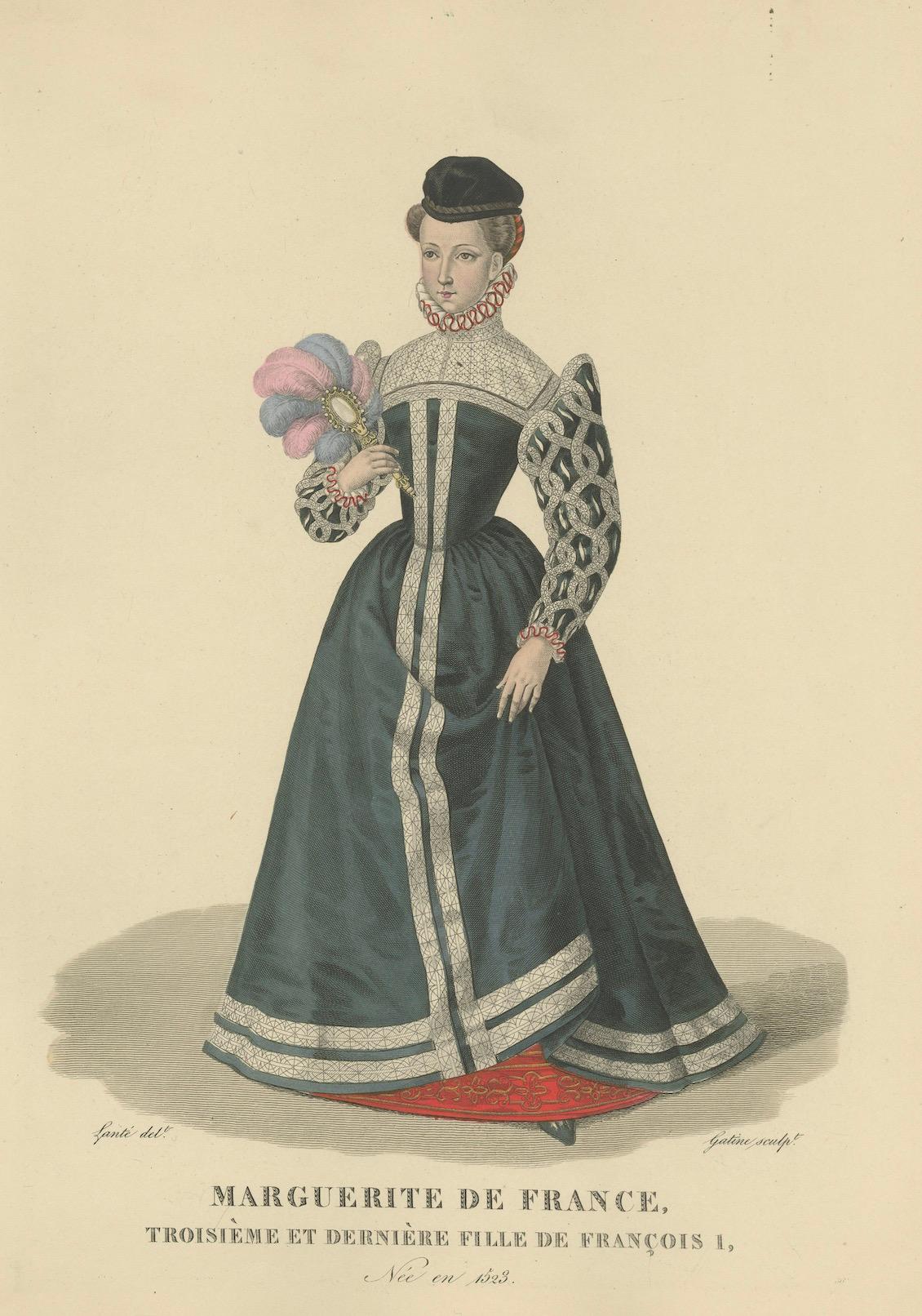 Handkolorierter Kupferstich von Marguerite de France, Tochter von François I., um 1900 im Zustand „Gut“ im Angebot in Langweer, NL