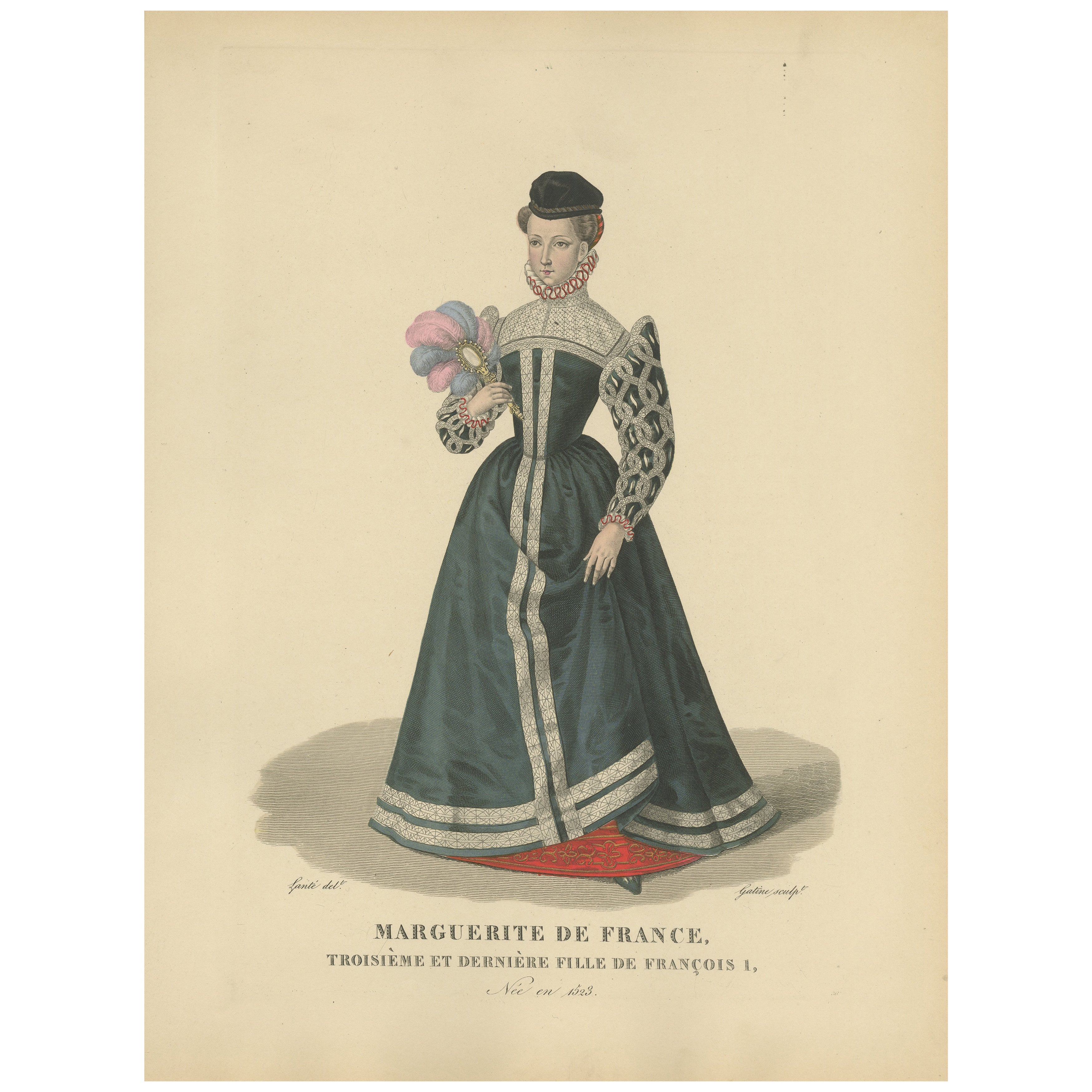 Handkolorierter Kupferstich von Marguerite de France, Tochter von François I., um 1900