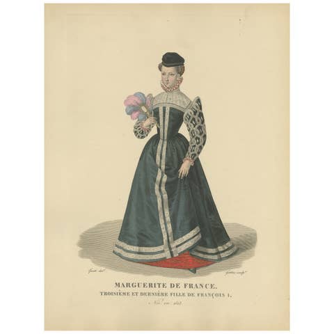 Hand-Colored Engraving of Marguerite de France, Daughter of François I, c.1900