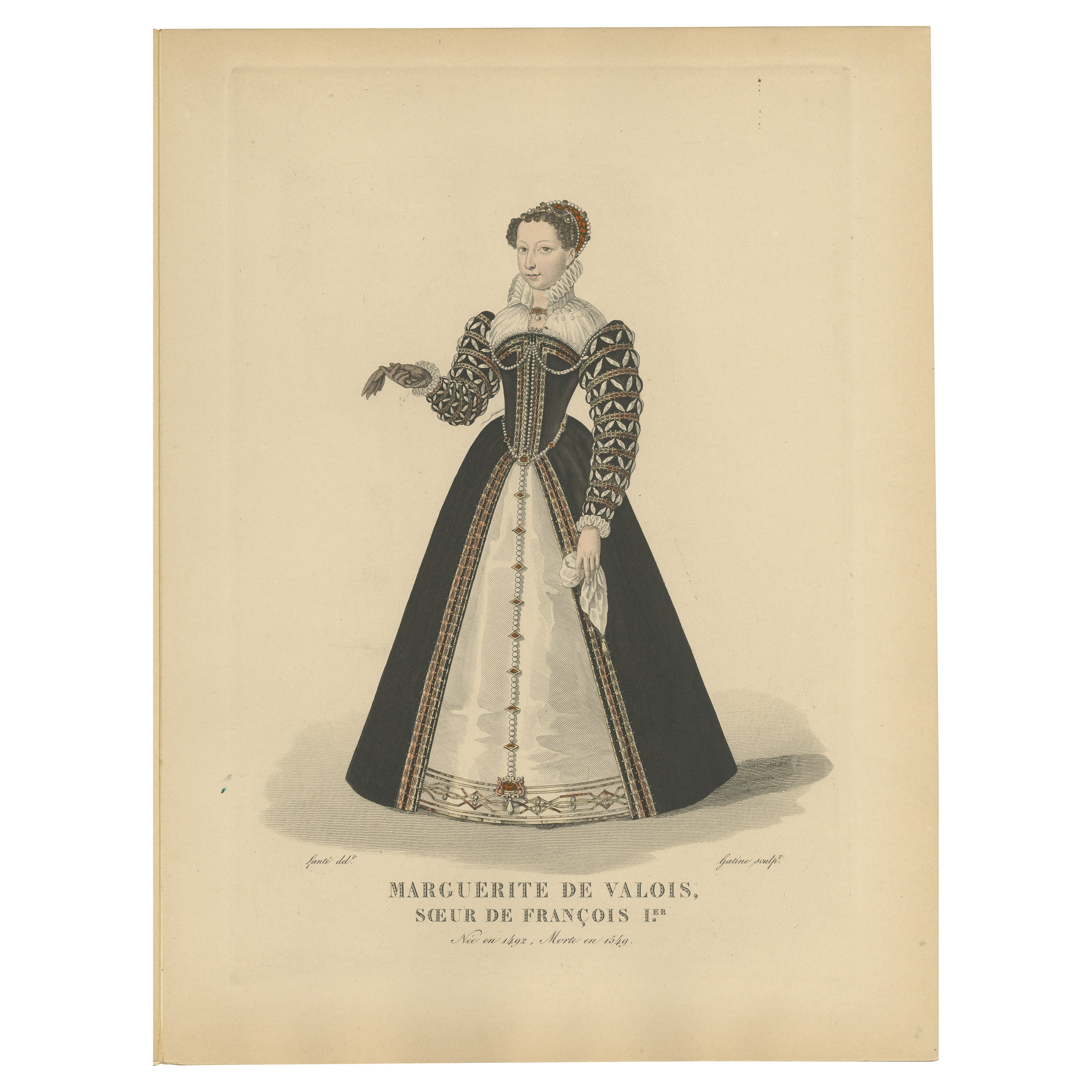 Handkolorierter Kupferstich von Marguerite de Valois, Schwester von François I., ca. 1900