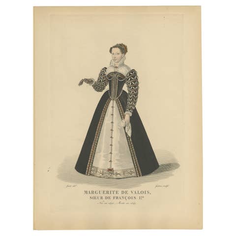Hand-Colored Engraving of Marguerite de Valois, Sister of François I, ca. 1900