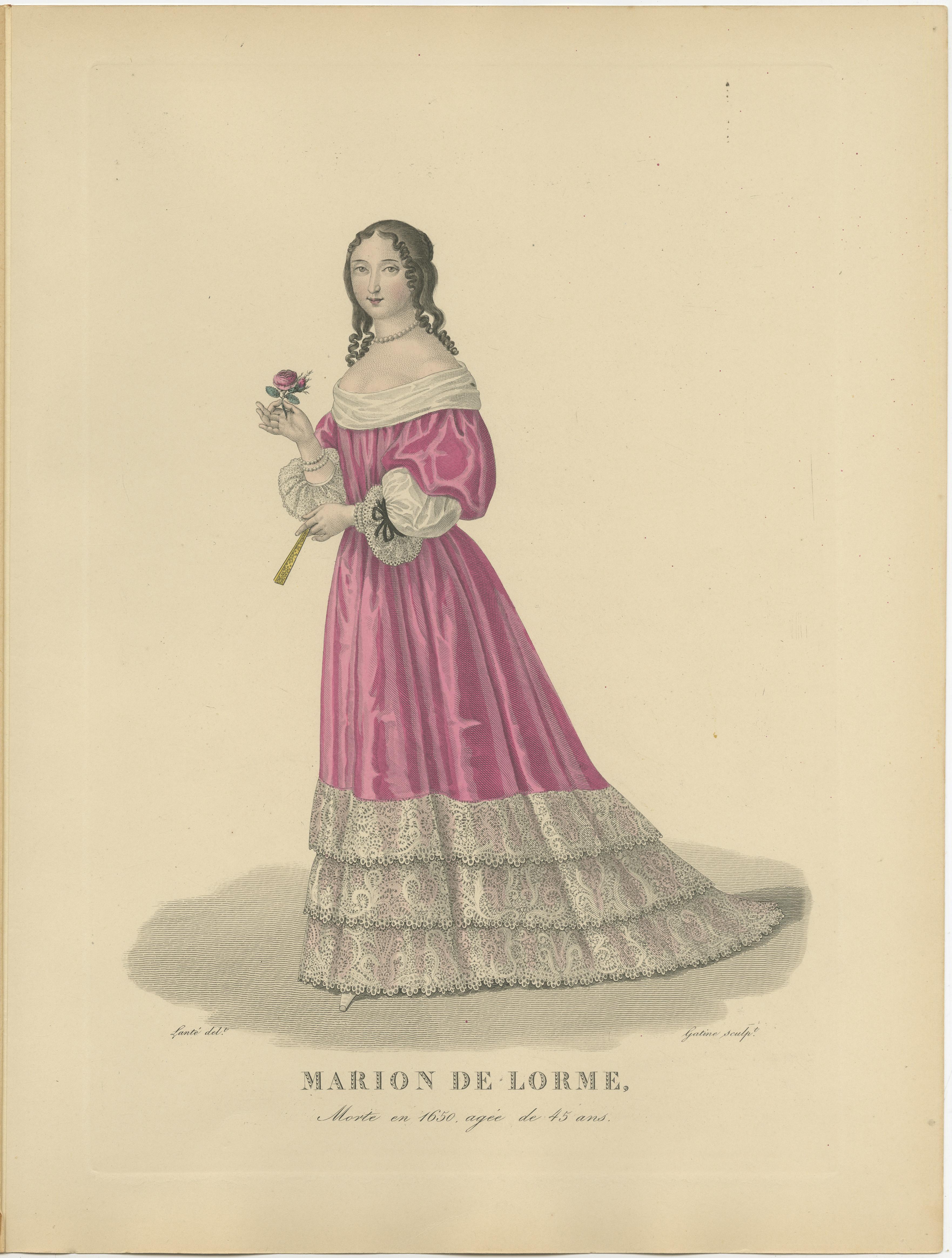 Gravé Gravure colorée à la main de Marion Delorme, une couronne française, 1900 en vente