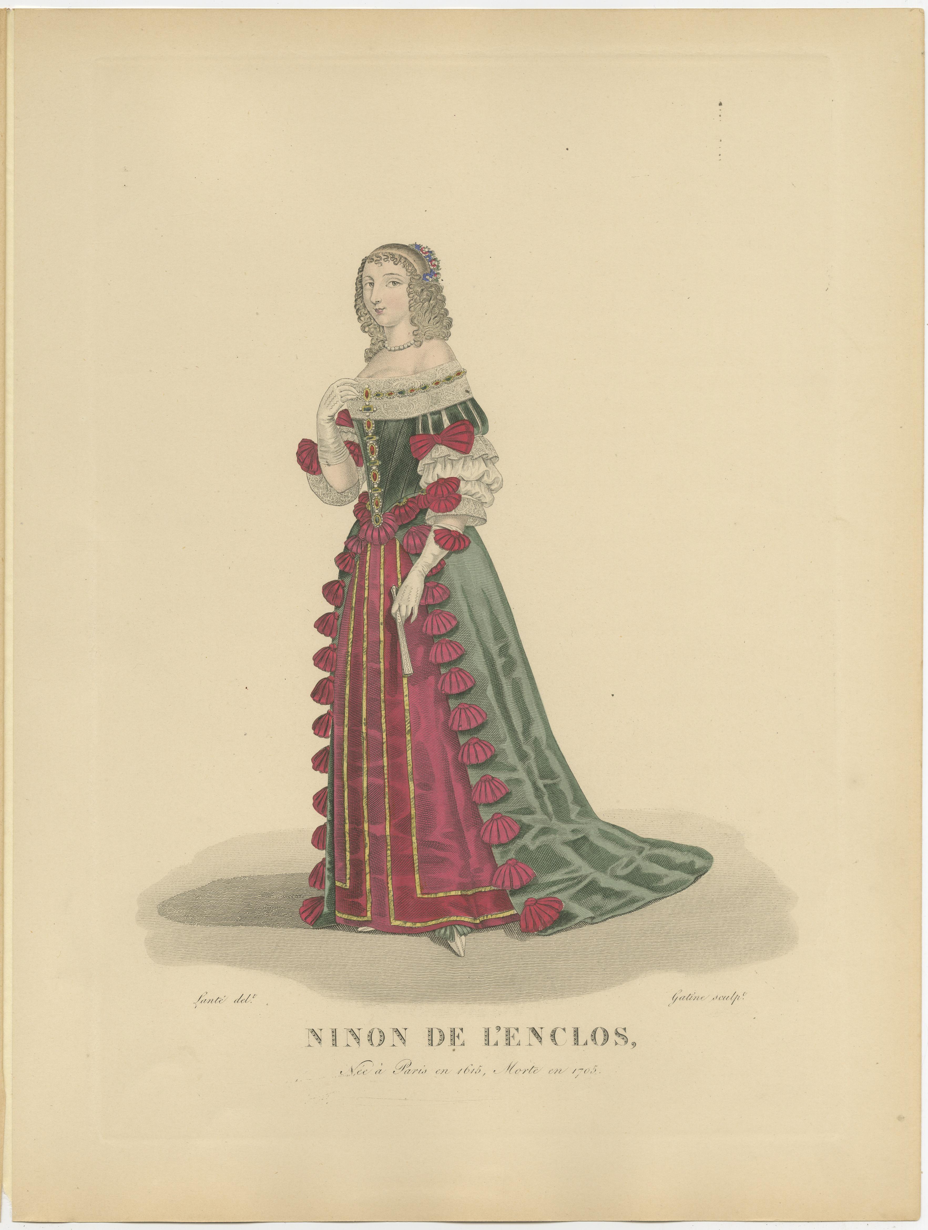 Engraved Hand Colored Engraving of Ninon De L'enclos, a French Author, 1900 For Sale
