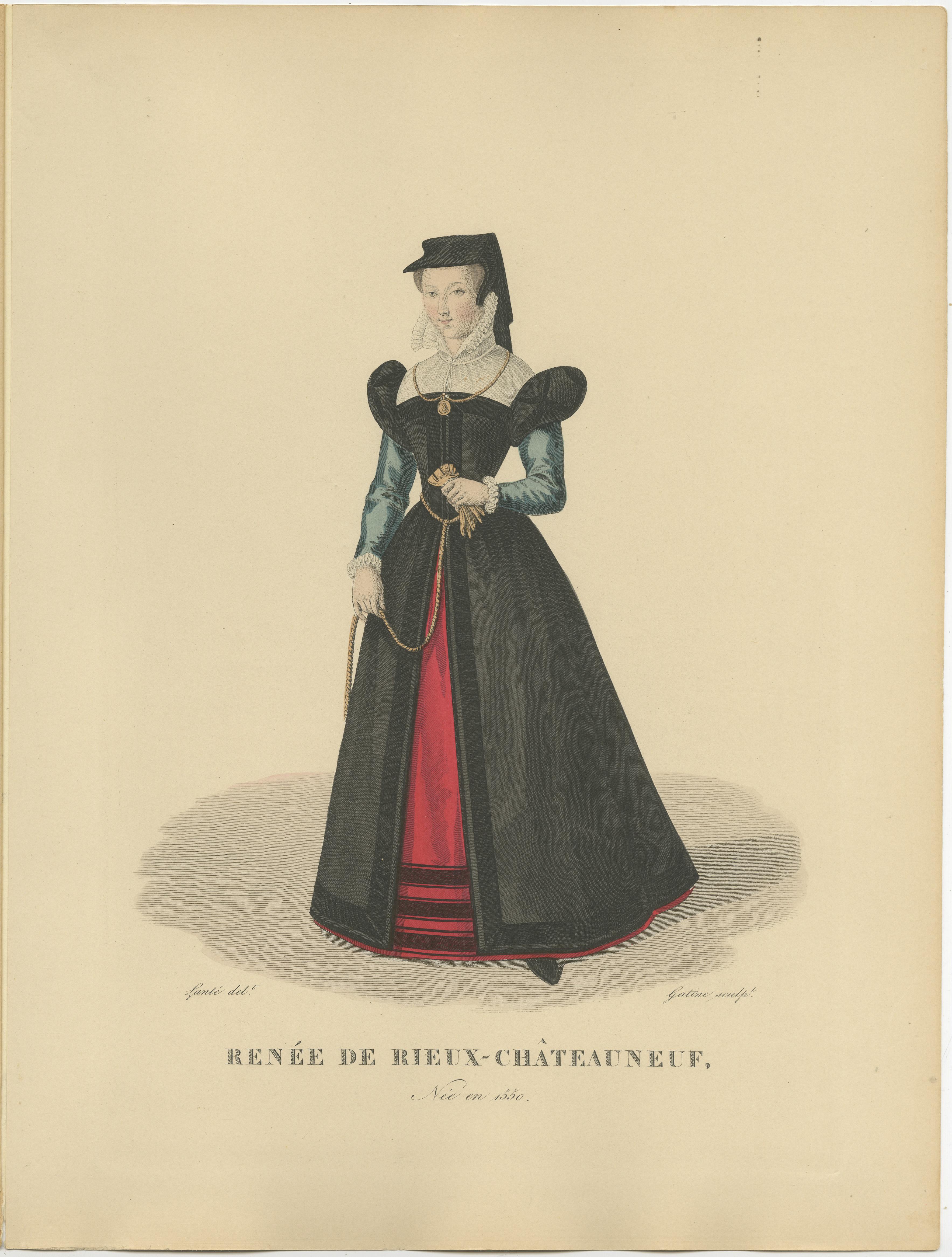 Engraved Hand Colored Engraving of Renée de Rieux or La Belle Châteauneuf, 1900 For Sale