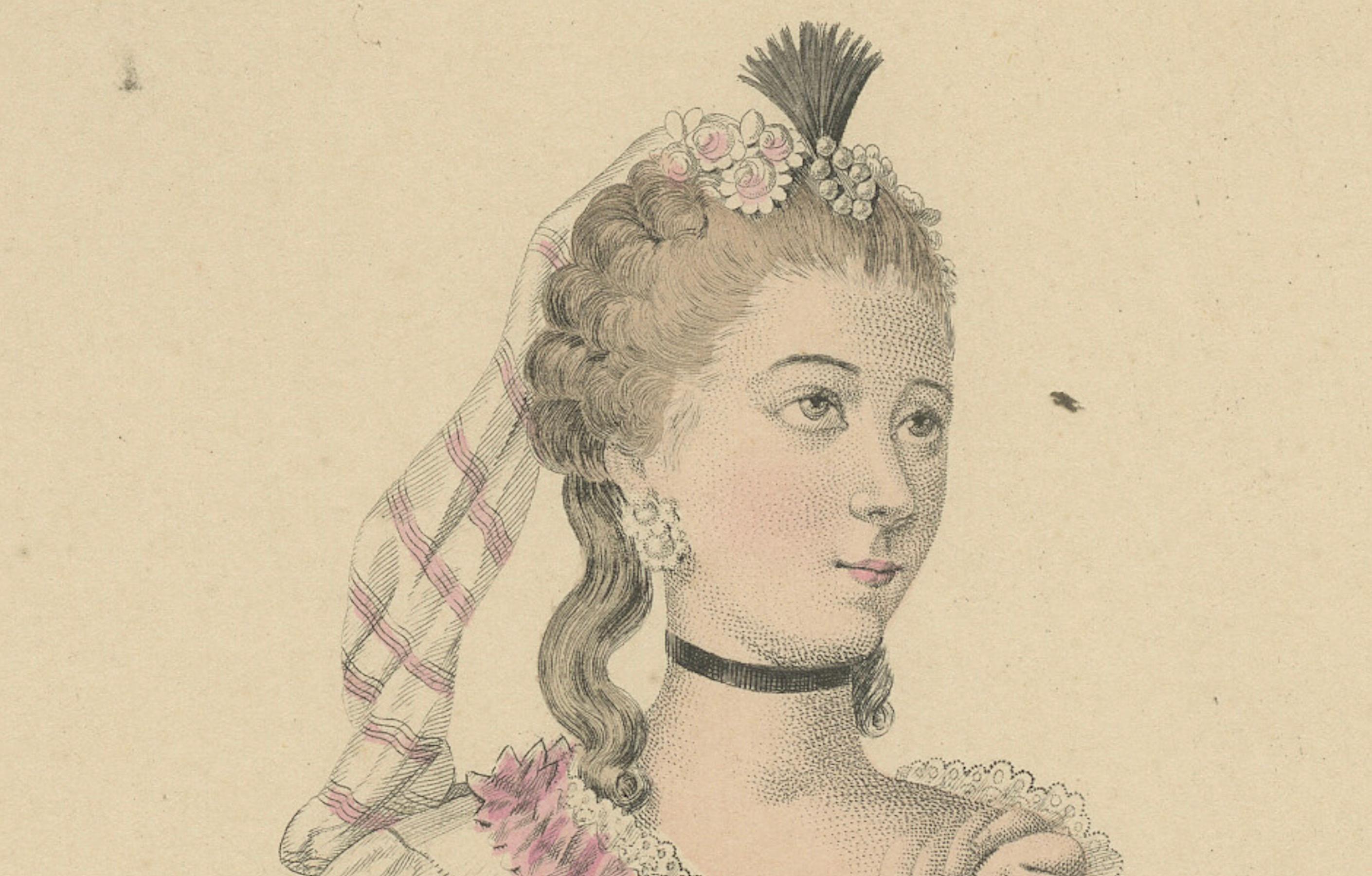Handkolorierter Kupferstich von Sophie Arnould in Pyrame et Thisbé, Paris, um 1900 (Graviert) im Angebot