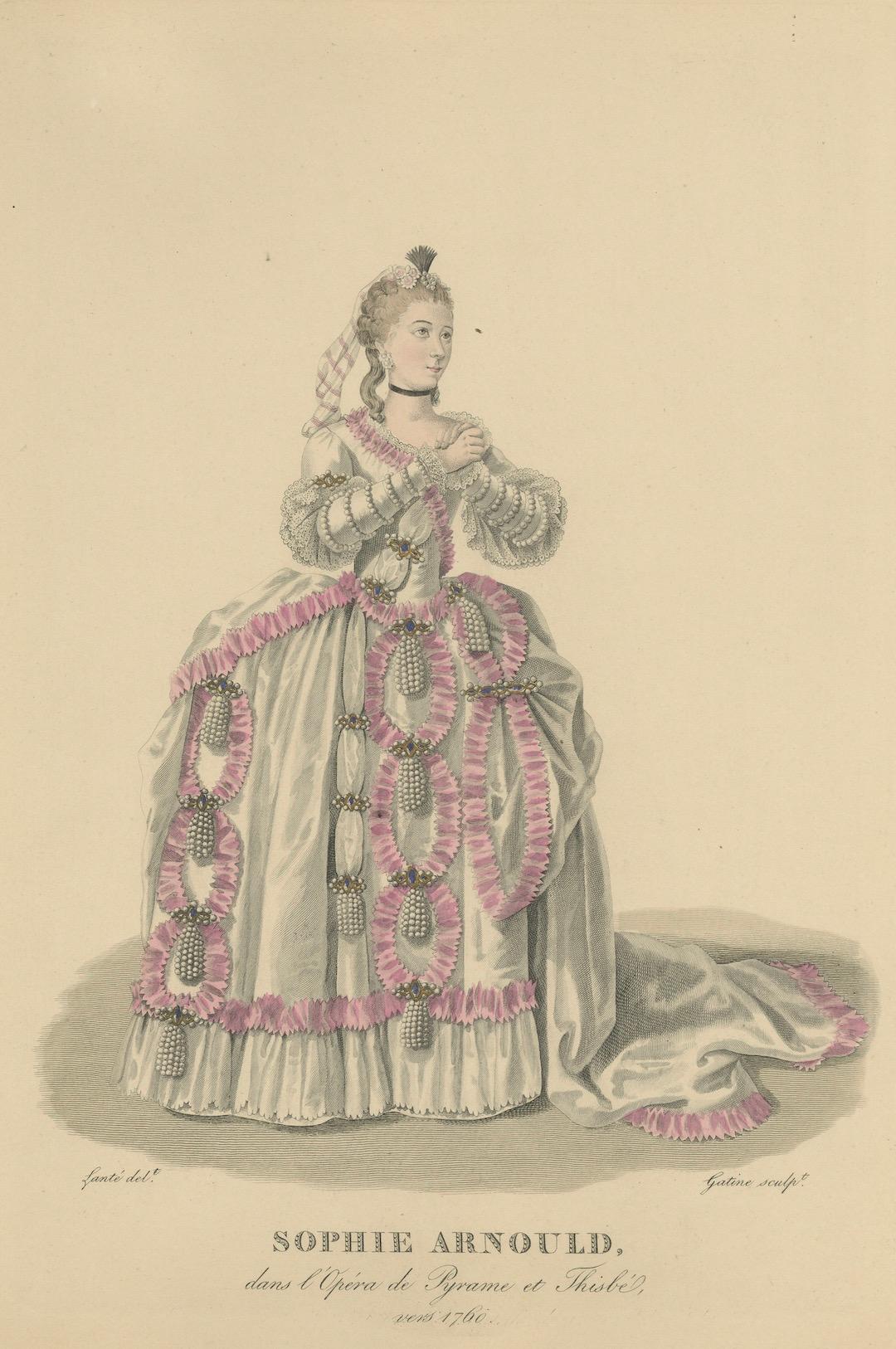 Handkolorierter Kupferstich von Sophie Arnould in Pyrame et Thisbé, Paris, um 1900 im Zustand „Gut“ im Angebot in Langweer, NL