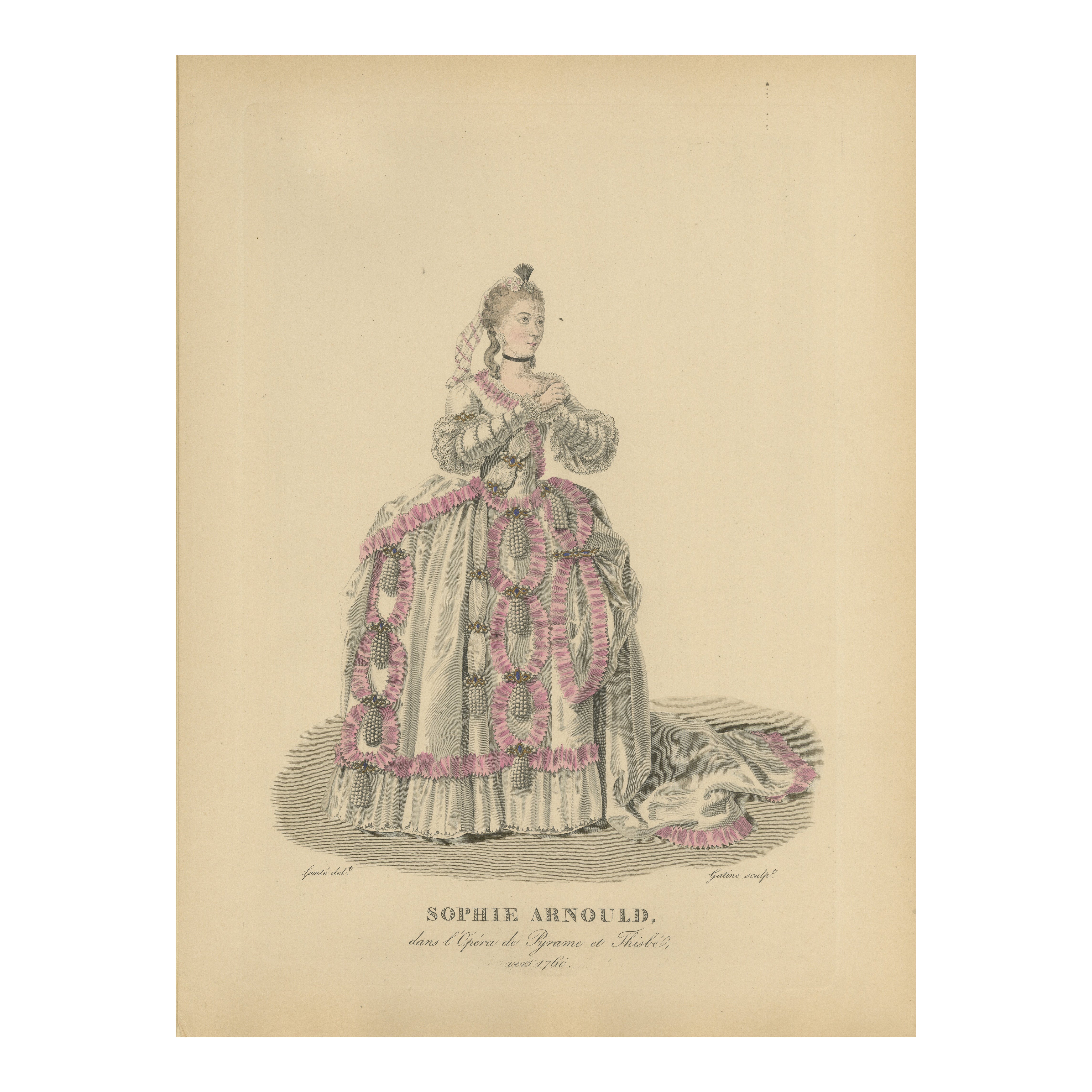 Handkolorierter Kupferstich von Sophie Arnould in Pyrame et Thisbé, Paris, um 1900 im Angebot