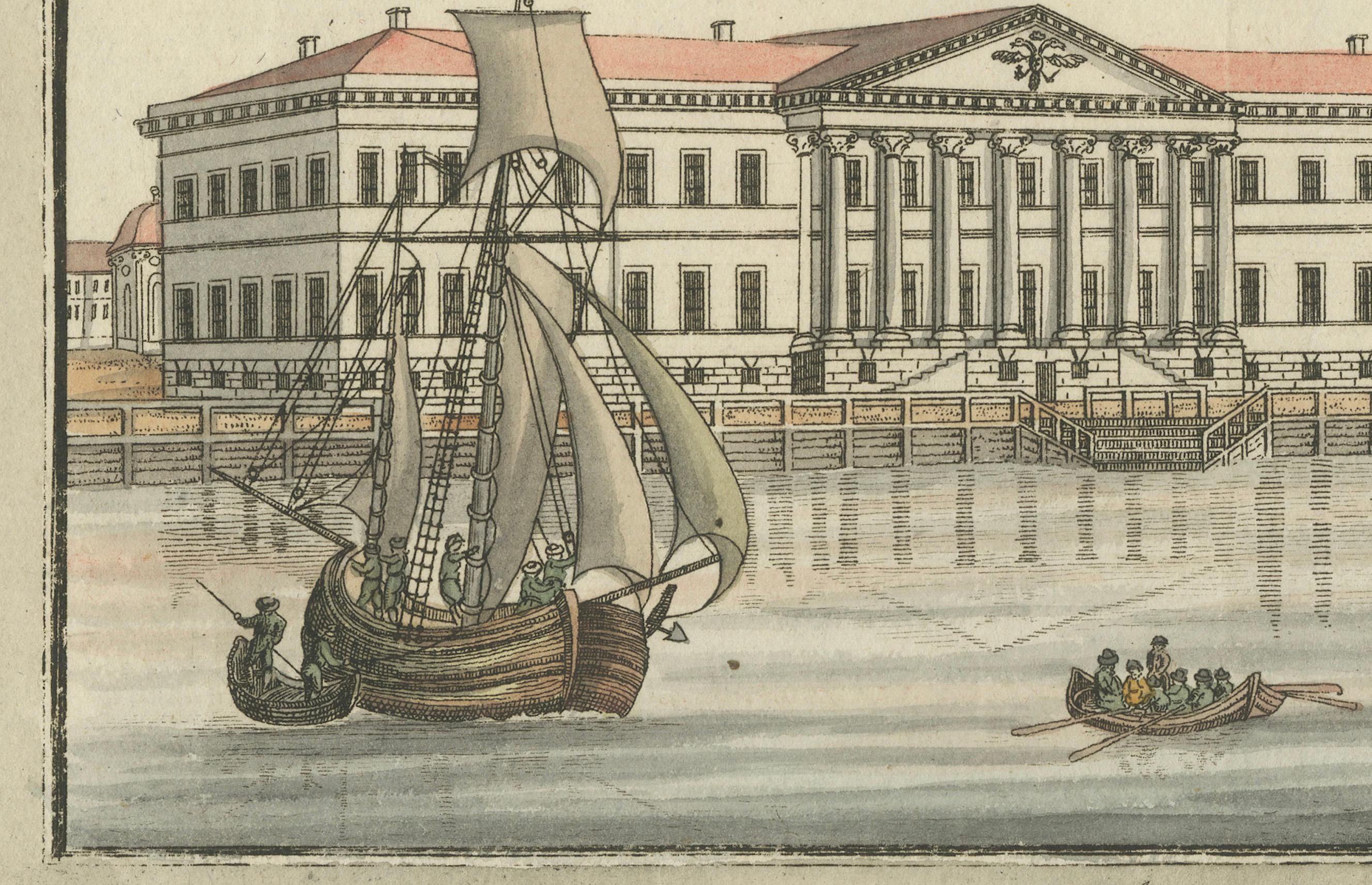 Dieser detailreiche handkolorierte Stich zeigt die Kaiserliche Akademie der Wissenschaften in St. Petersburg, eine angesehene Institution, die 1724 von Peter dem Großen gegründet wurde, um das Wissen in Russland zu fördern. Der Stich zeigt eine