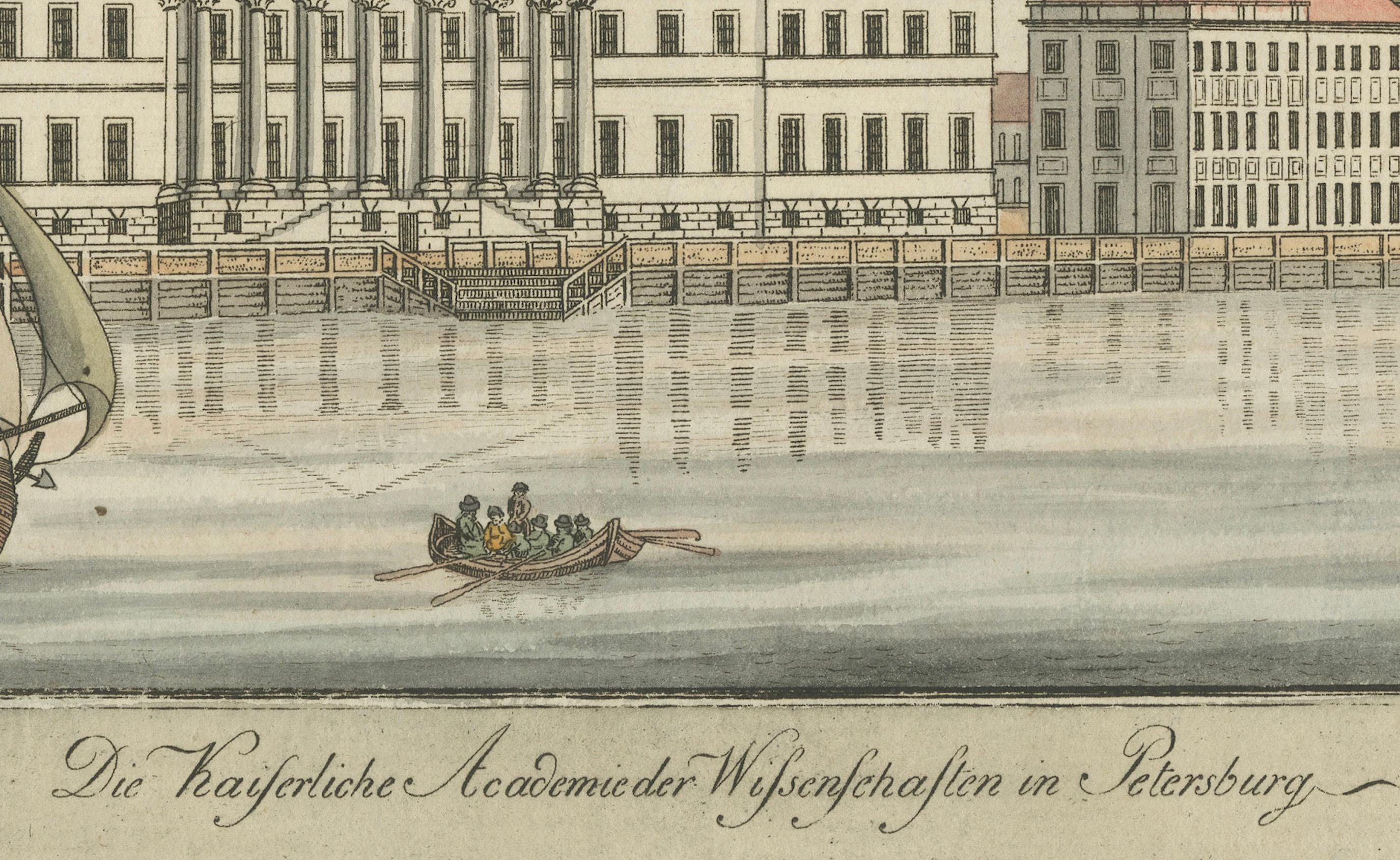 Handkolorierte Gravur der Akademie der Wissenschaften, St. Petersburg, ca. 1792-1820 (Graviert) im Angebot