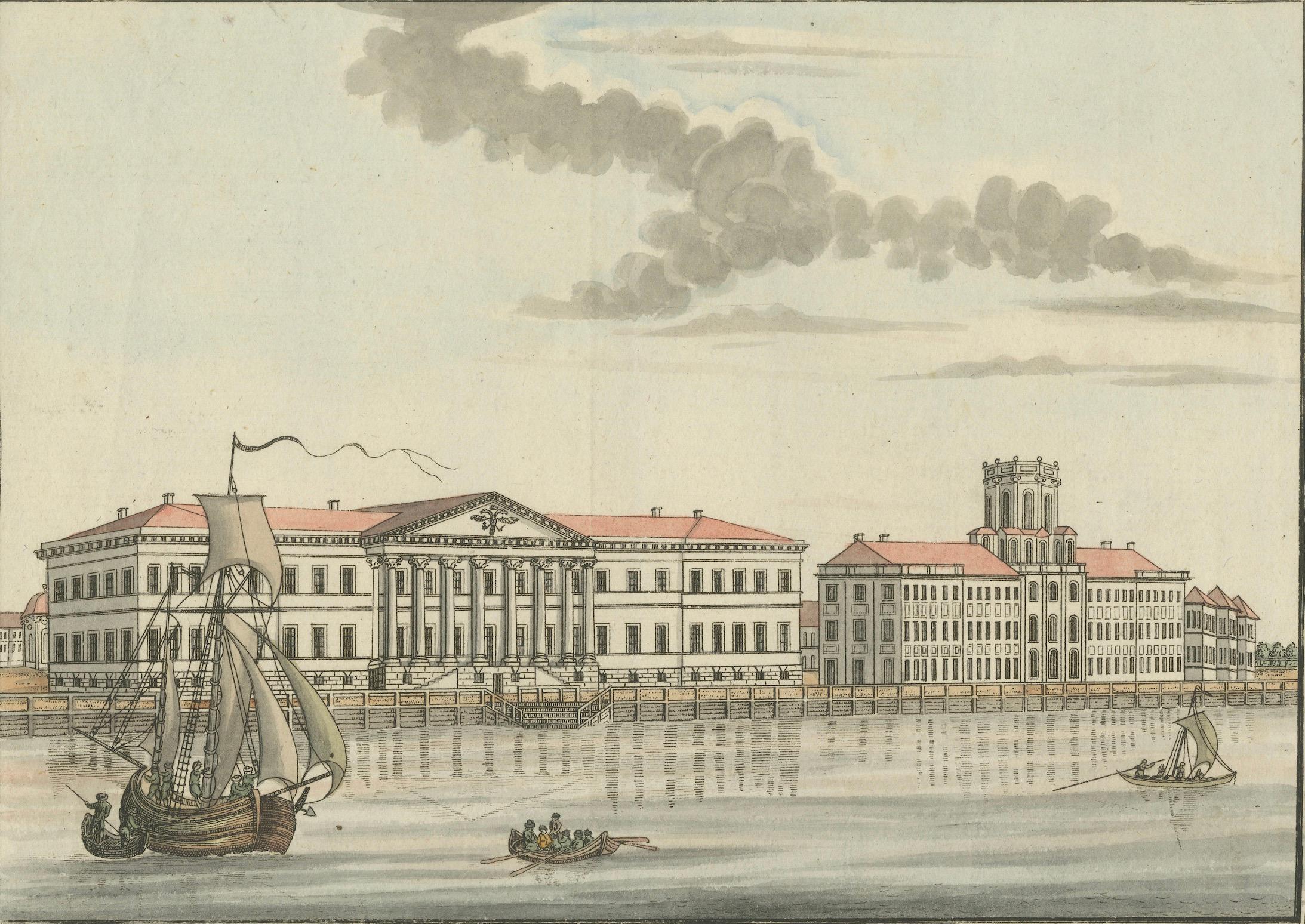 Handkolorierte Gravur der Akademie der Wissenschaften, St. Petersburg, ca. 1792-1820 im Zustand „Gut“ im Angebot in Langweer, NL
