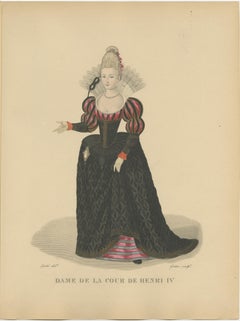 Gravure colorée à la main d'une femme à la cour du roi Henri IV de France, 1900