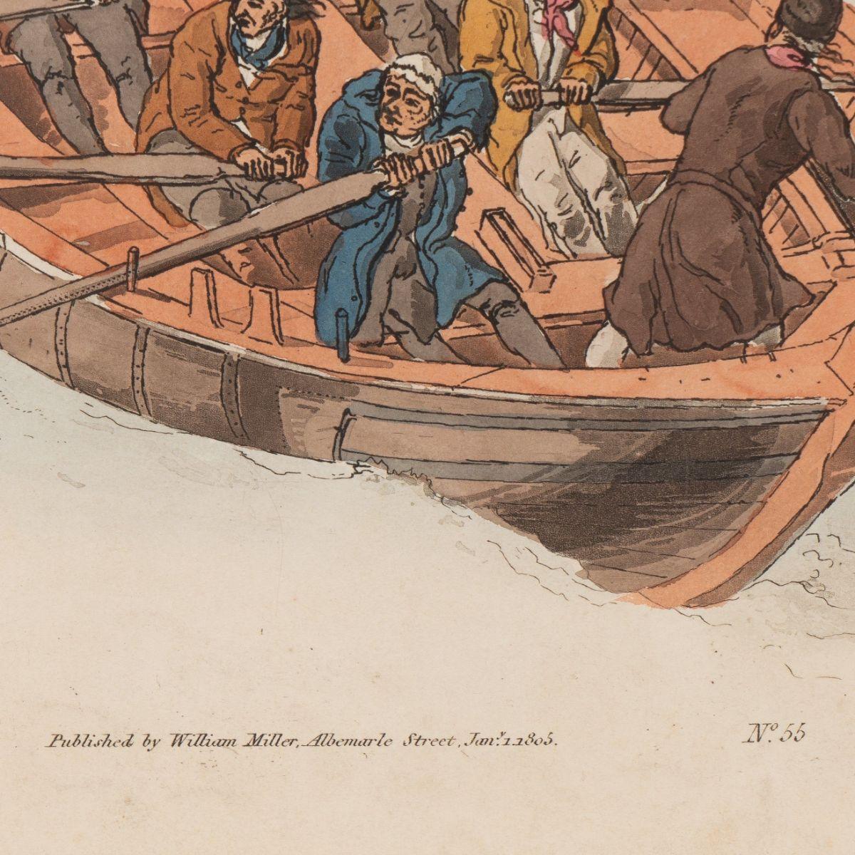 Hand colored engraving on paper of sailors in a long boat rowing against high seas among closely reefed ships of the line. Published by William Miller, Albermarle Street, London, January 1805. Plate #55. Mounted on acid free museum mat and framed