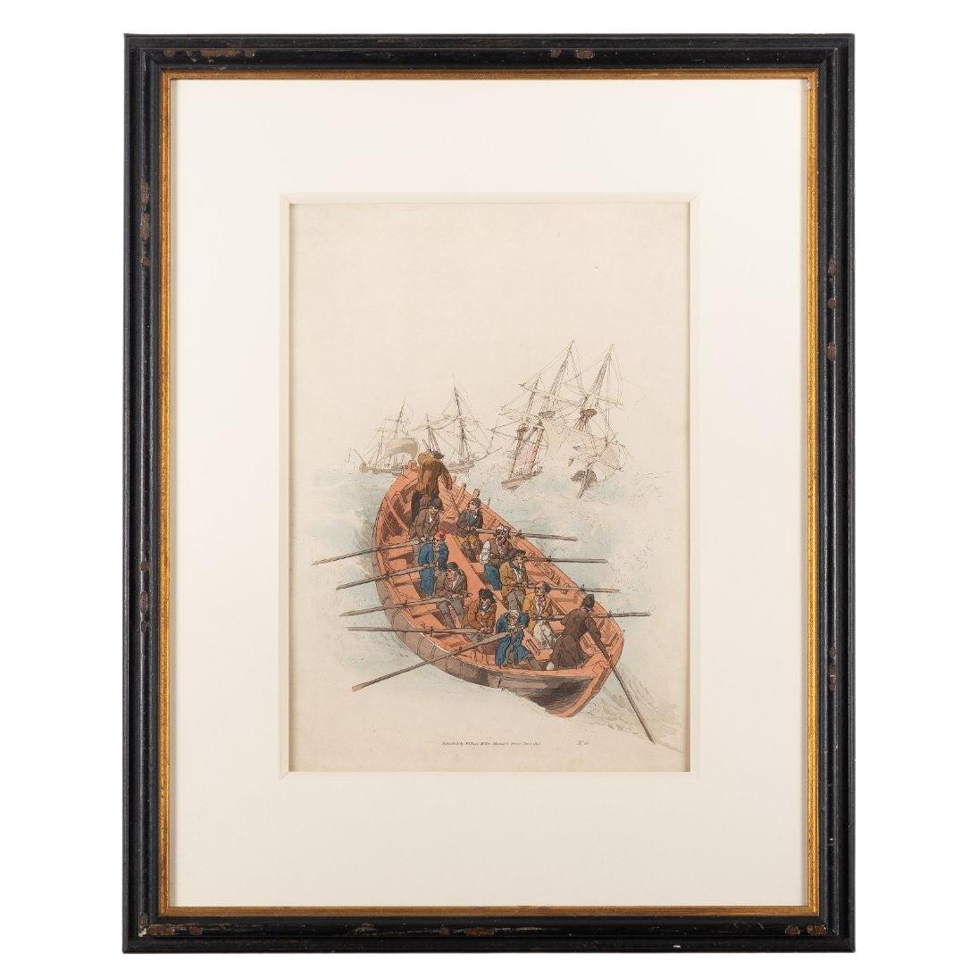 Hand Colored Engraving on Paper of Sailors in a Long Boat by William Miller For Sale