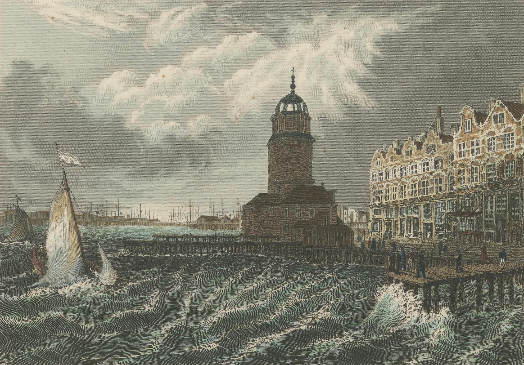 Engraved Hand-Colored Engravings of Dutch Maritime Scenes: Amsterdam and River Dort, 1830 For Sale