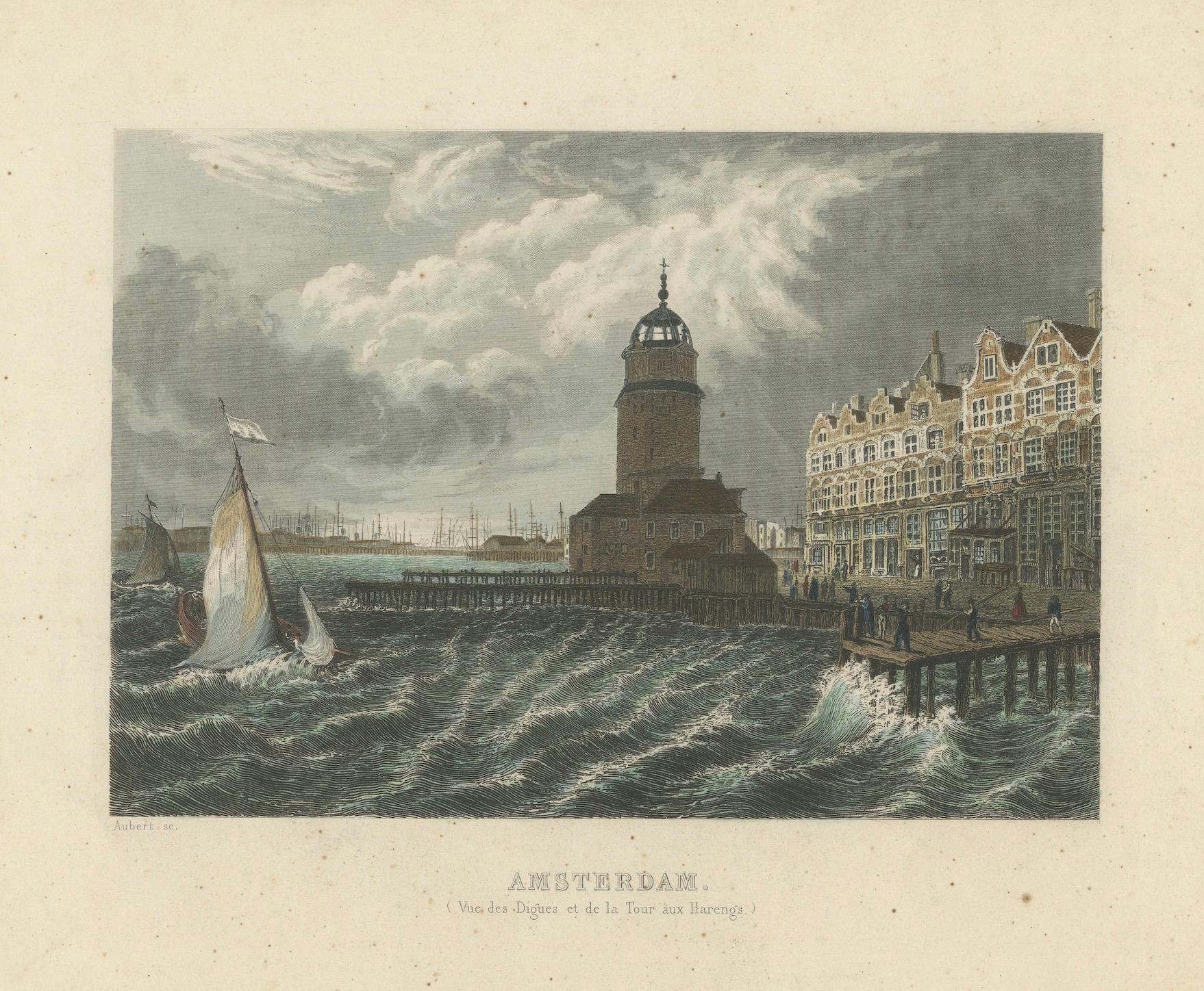 Hand-Colored Engravings of Dutch Maritime Scenes: Amsterdam and River Dort, 1830 In Fair Condition For Sale In Langweer, NL