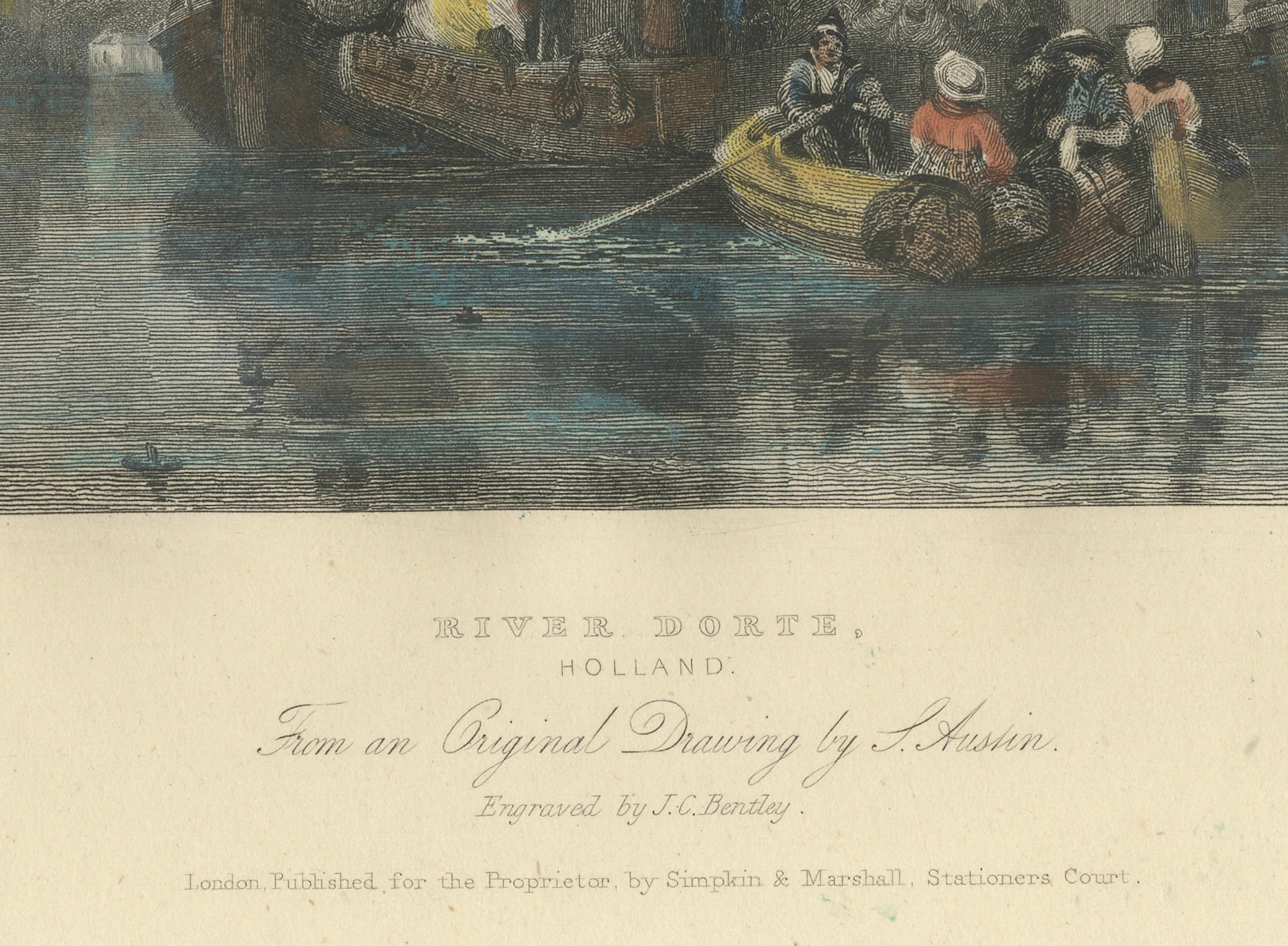 Mid-19th Century Hand-Colored Engravings of Dutch Maritime Scenes: Amsterdam and River Dort, 1830 For Sale