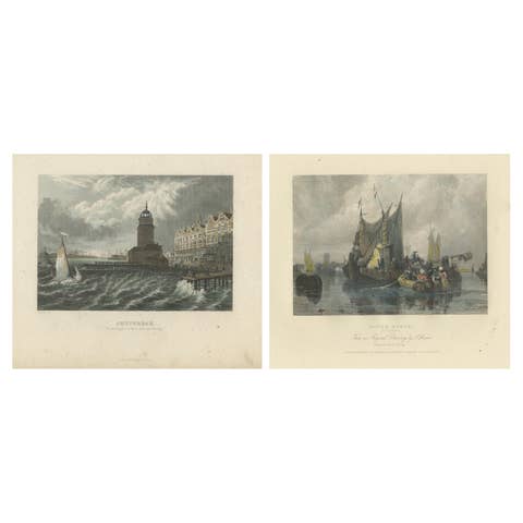 Hand-Colored Engravings of Dutch Maritime Scenes: Amsterdam and River Dort, 1830