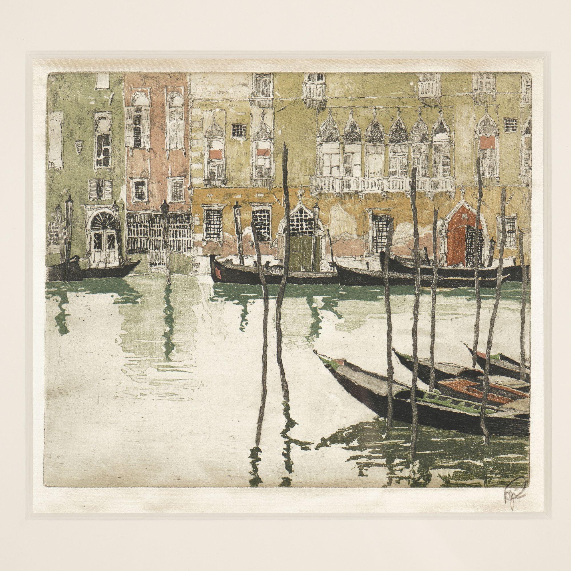 Vienna Secession School hand colored engraving printed on Japan paper and mounted on silk satin. The work centers on Venetian building facades with moored gondolas and shimmering reflections on the water in the foreground. Figura, an Austrian