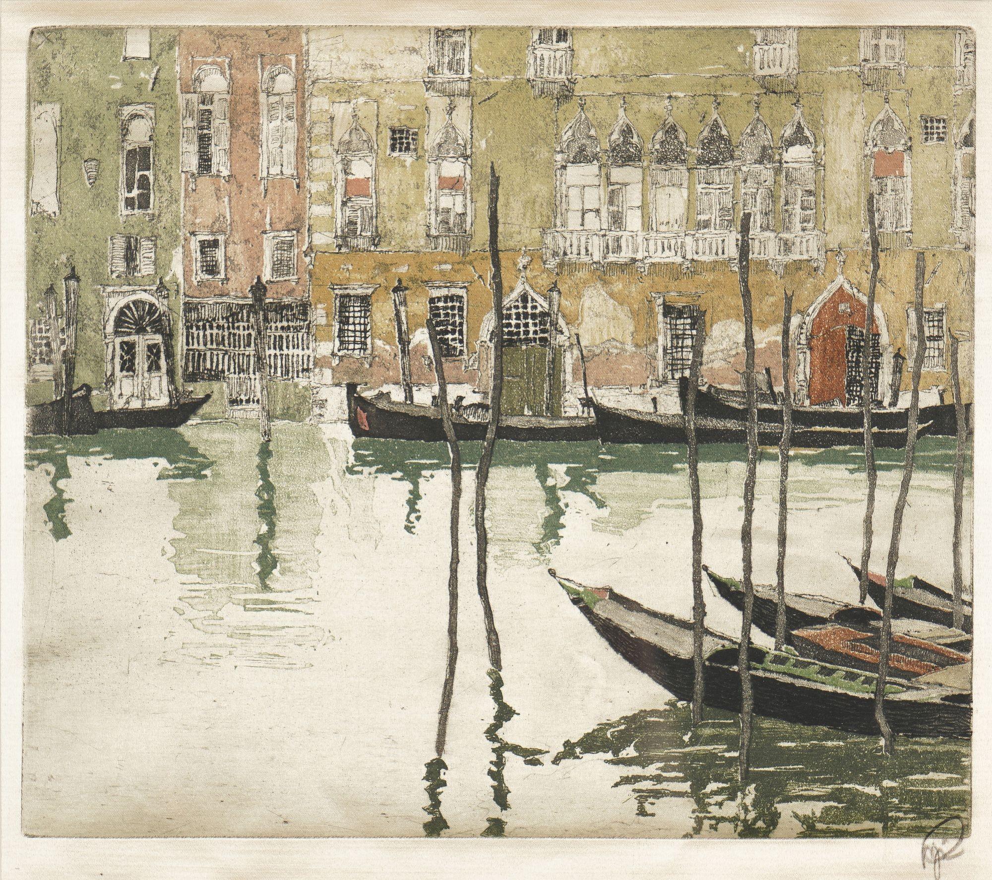 Austrian Hand colored etching of a Venetian canal with gondolas by Hans Figura, 1924 For Sale