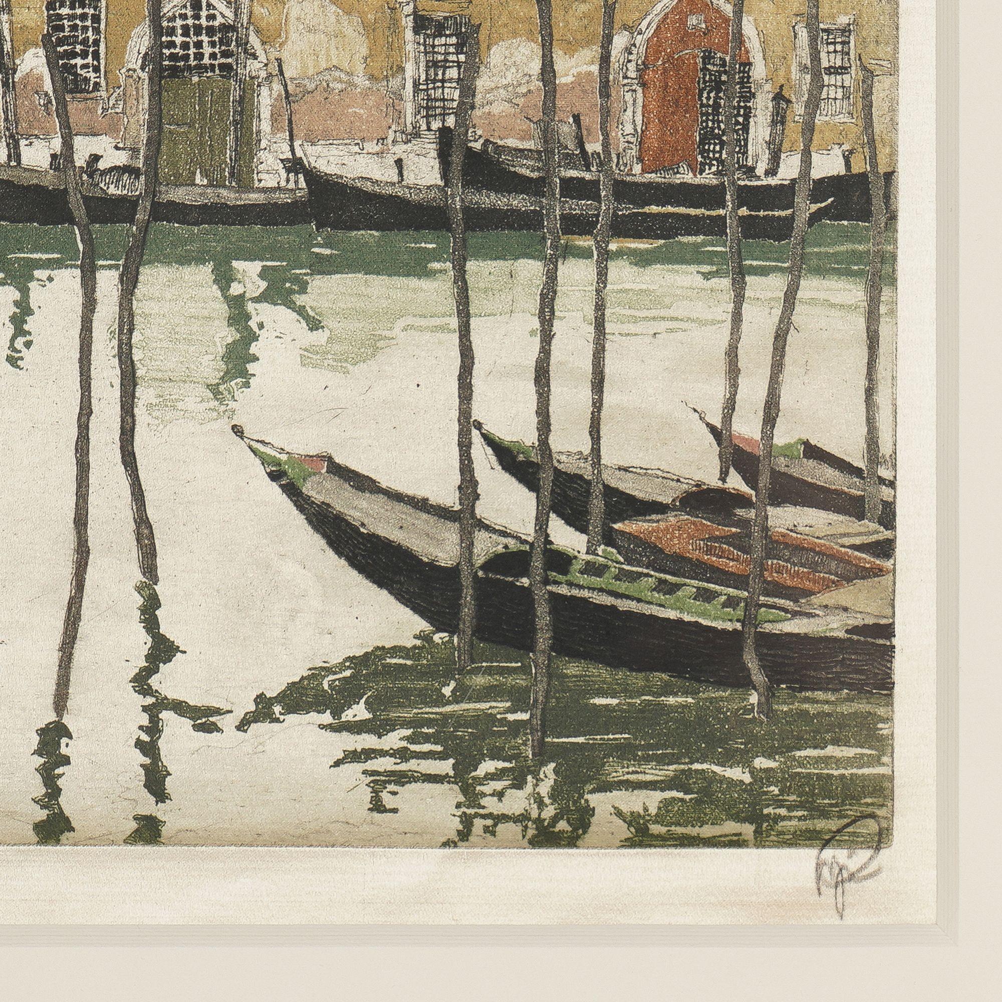 Hand colored etching of a Venetian canal with gondolas by Hans Figura, 1924 In Good Condition For Sale In Kenilworth, IL