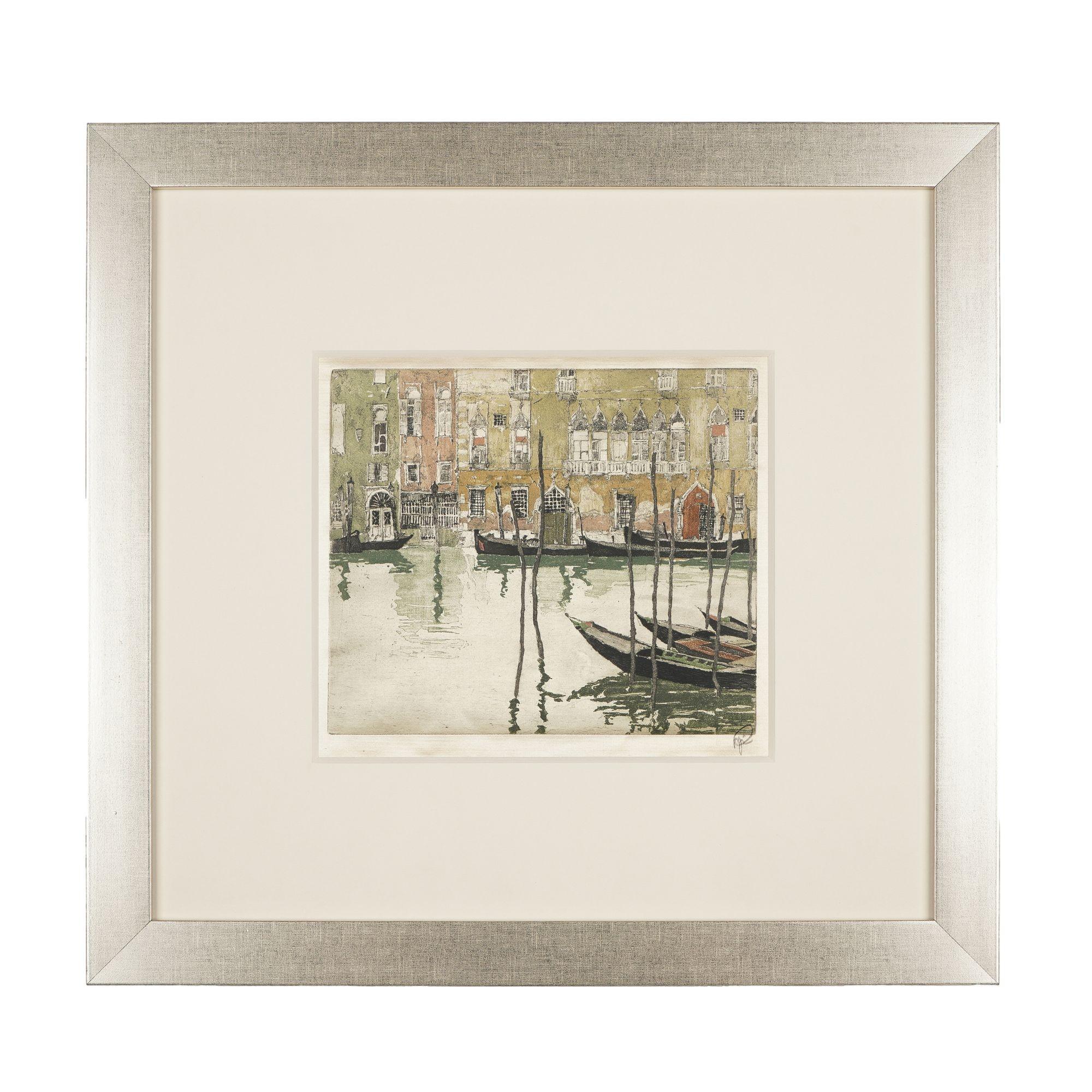 Hand colored etching of a Venetian canal with gondolas by Hans Figura, 1924 For Sale