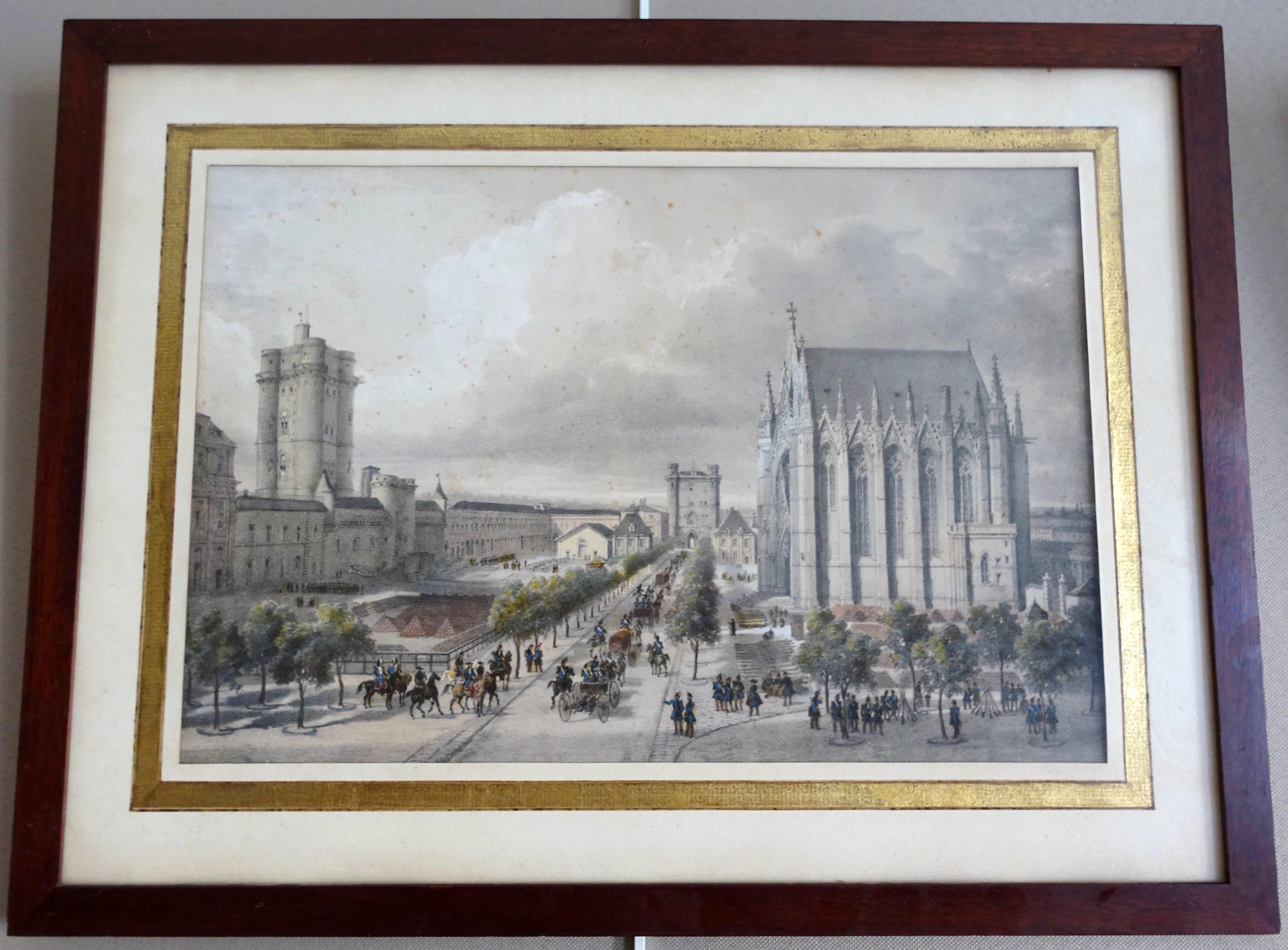 A fine hand-colored etching showing the Chateau de Vincennes in 1860, with  la Sainte Chapelle on the right.
It is set into a solid mahogany frame with a French varnish finish.
Frame : 36.2cm x 48cm
View : 23.5cm x 35.5cm