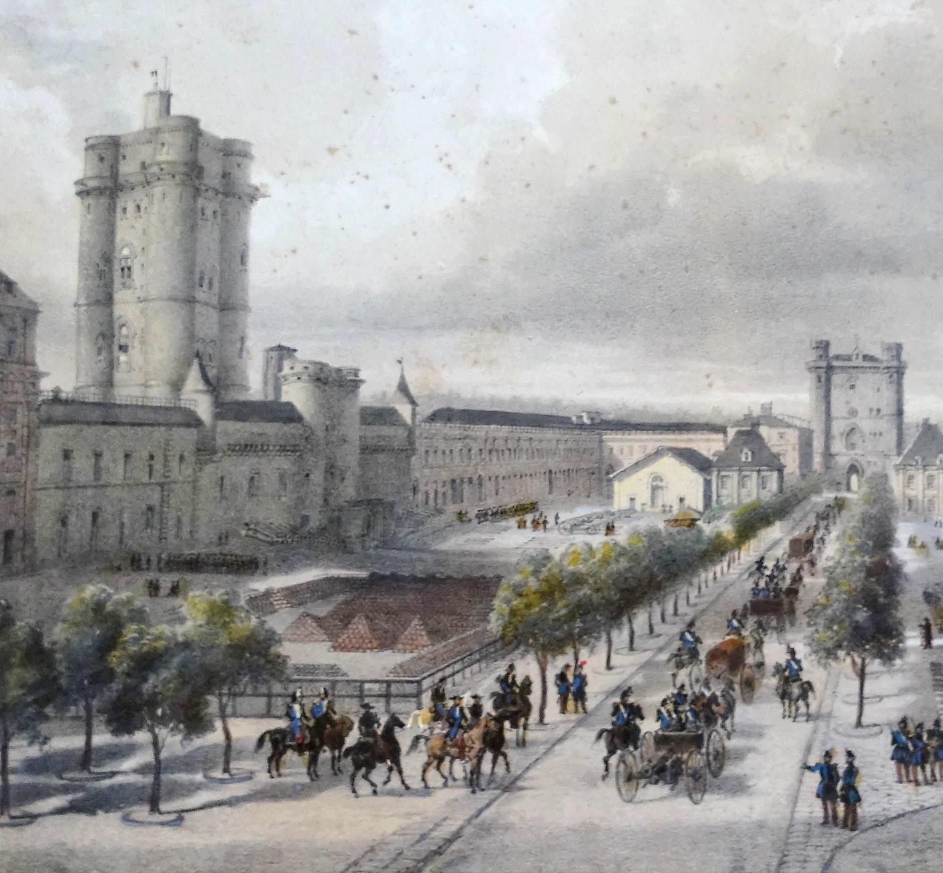 French Hand colored etching : view of Château de Vincennes - Napoléon III period - 1860 For Sale
