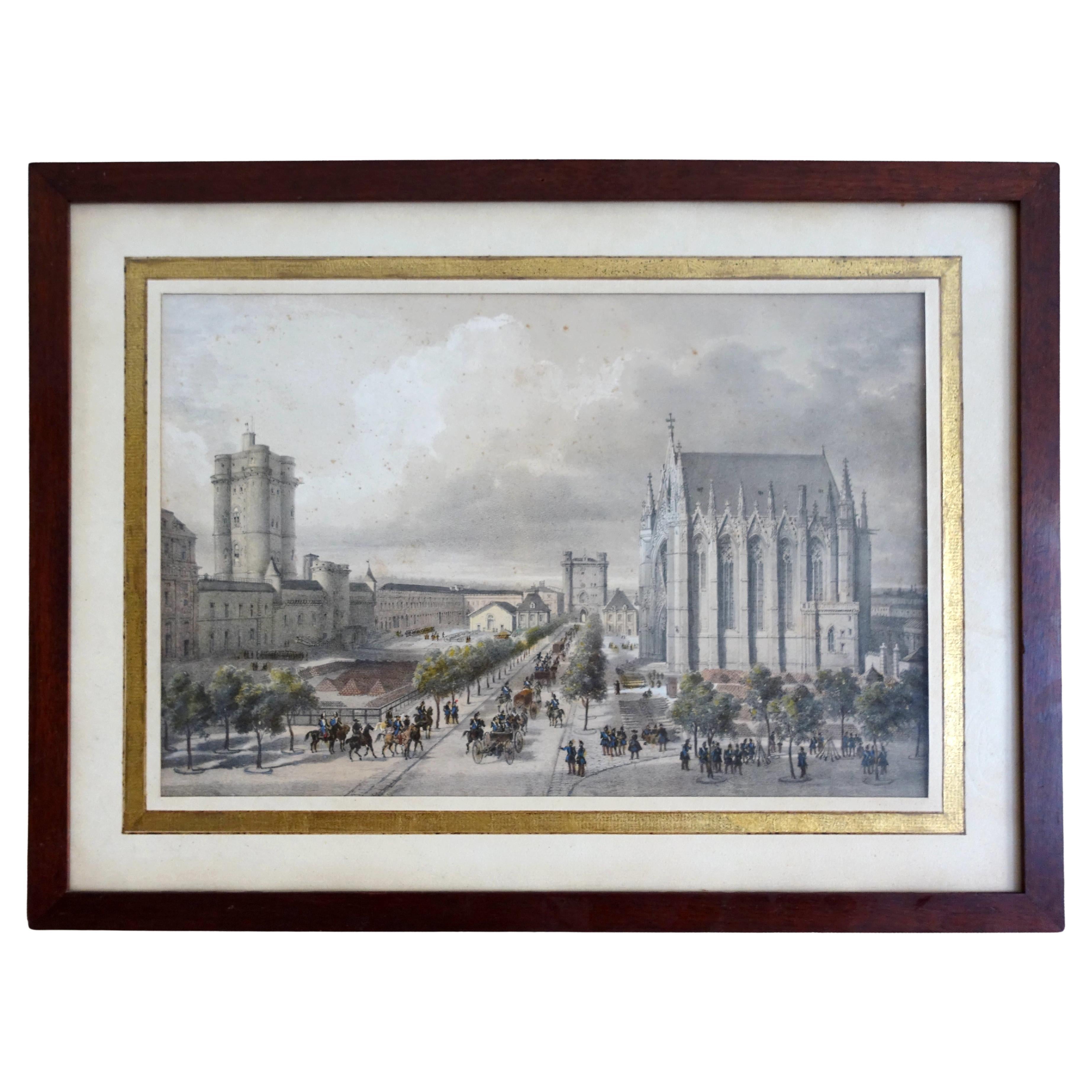 Hand colored etching : view of Château de Vincennes - Napoléon III period - 1860
