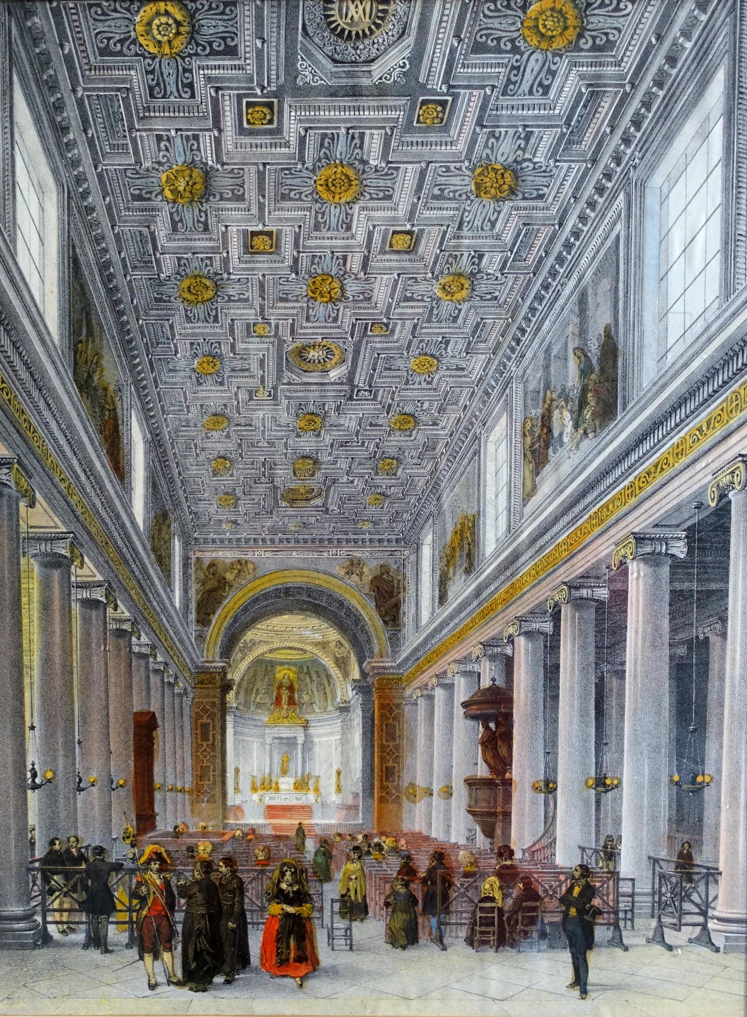 A fine hand-colored etching showing church Notre Dame de Lorette inside in 1860 : a picturesque depiction of this church in the mid-19th century, with many characters. It also shows architectural changes in the church since years 1860.
It is set