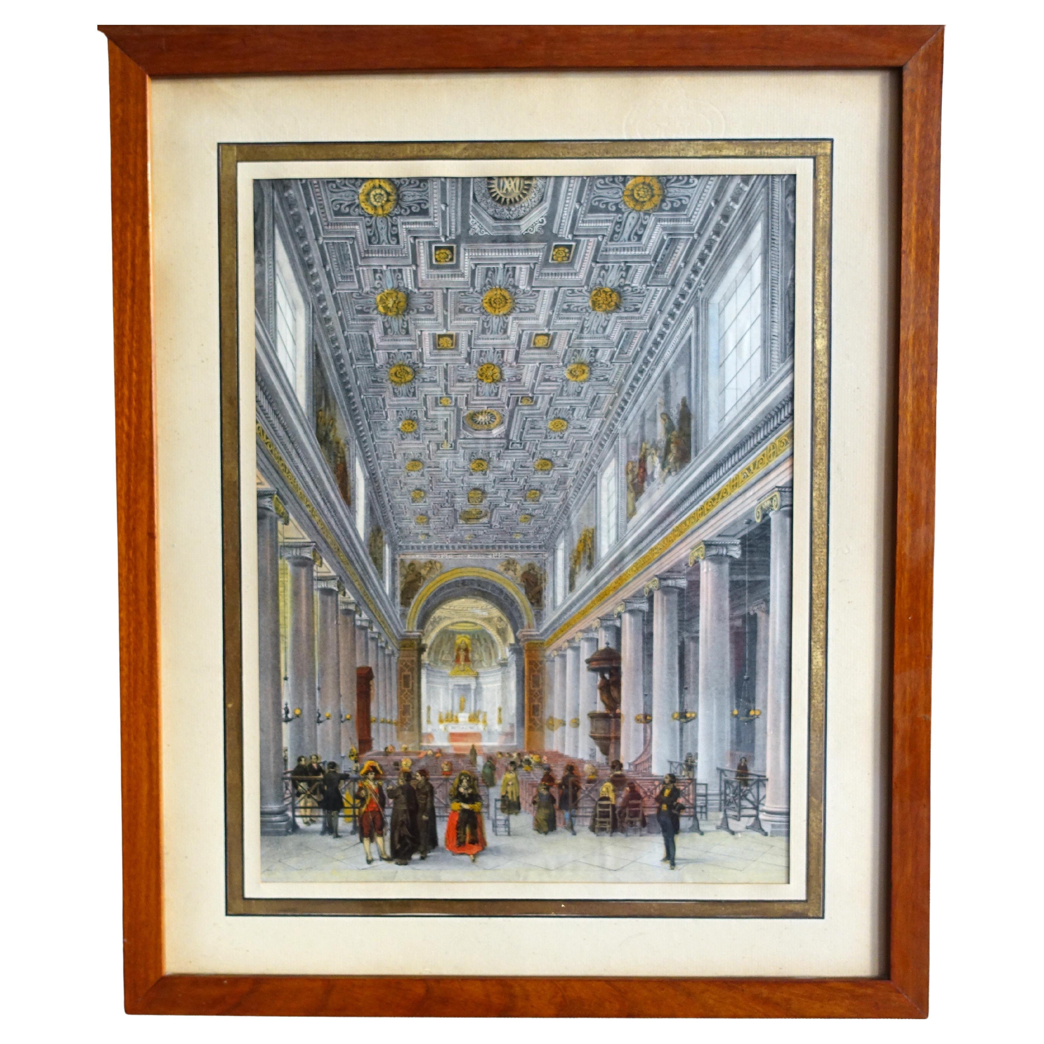 Hand colored etching : view of Paris, ND de Lorette inside - Napoléon III period